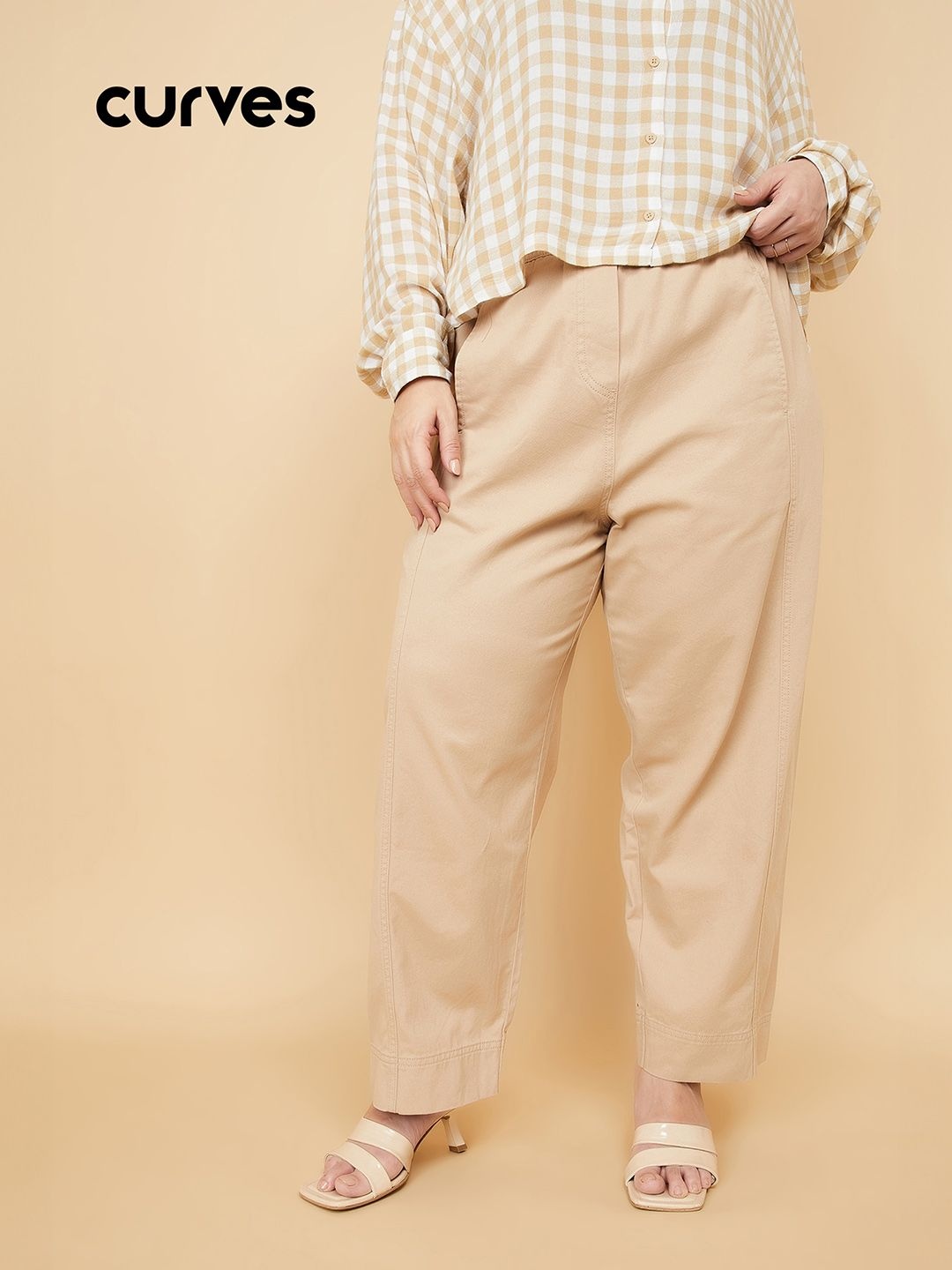 

Max Women Plus Size Pure Cotton Pleated Regular Trousers, Beige