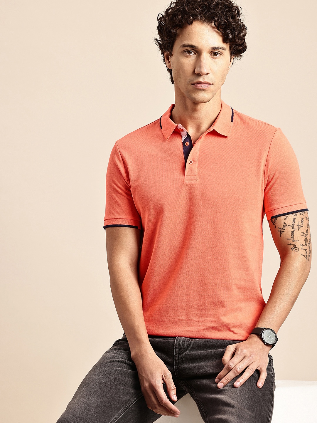 

Being Human Polo Collar Pure Cotton T-shirt, Coral