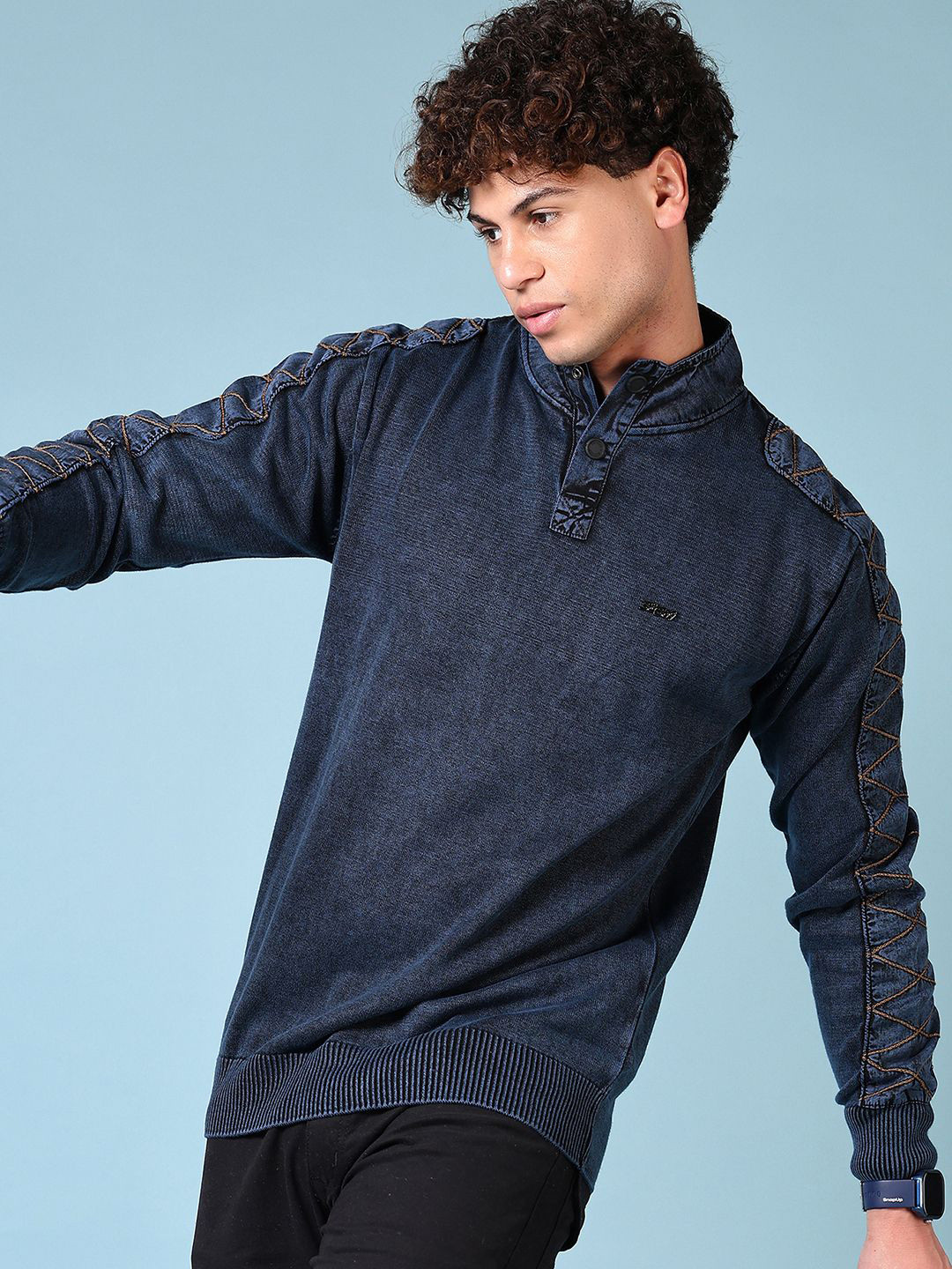 

V-Mart Men Printed Henley Neck Pullover, Navy blue