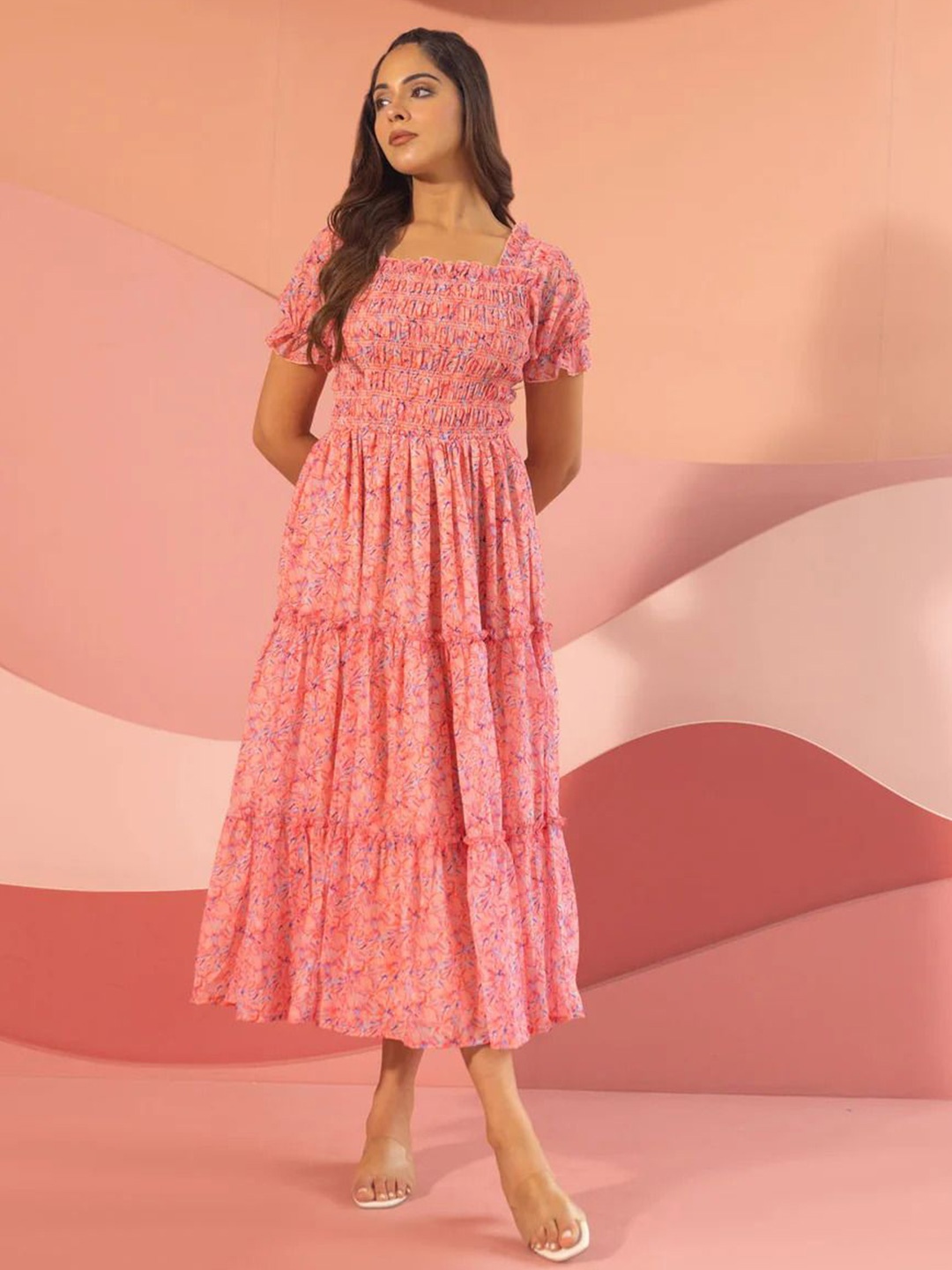 

BAESD Women Floral Printed Square Neck Tiered Fit and Flare Midi Dress, Pink
