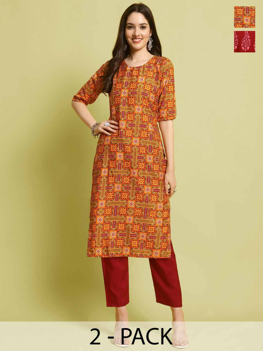 

7Threads Selection Of 2 Ethnic Motifs Printed Straight Kurta With Trousers, Red
