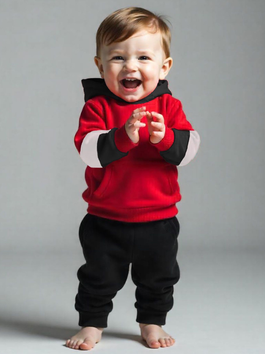 

Lofn Kids Colourblocked Hooded Pure Cotton Sweatshirt With Joggers, Red