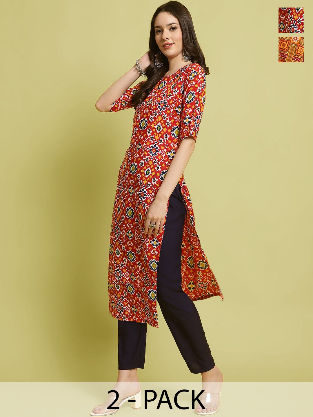 

7Threads Selection Of 2 Ethnic Motifs Printed Straight Kurta With Trousers, Red