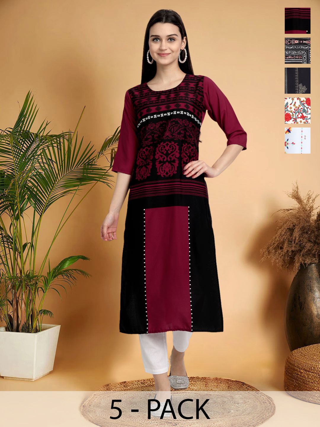 

7Threads Selection Of 5 Ethnic Motifs Printed Round Neck Straight Kurtas, Maroon