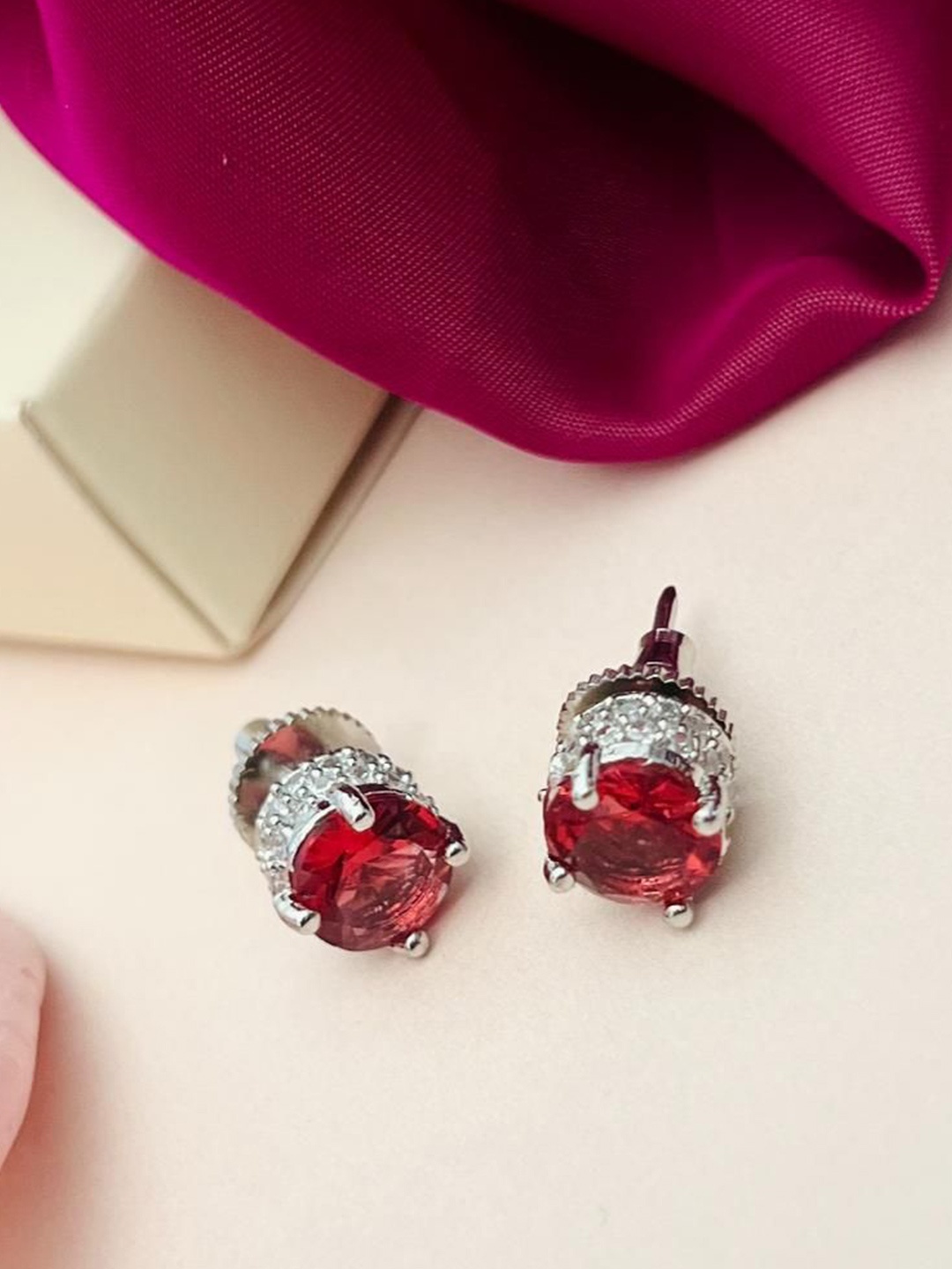 

ABDESIGNS Silver-Plated American Diamond Studded Classic Studs Earrings