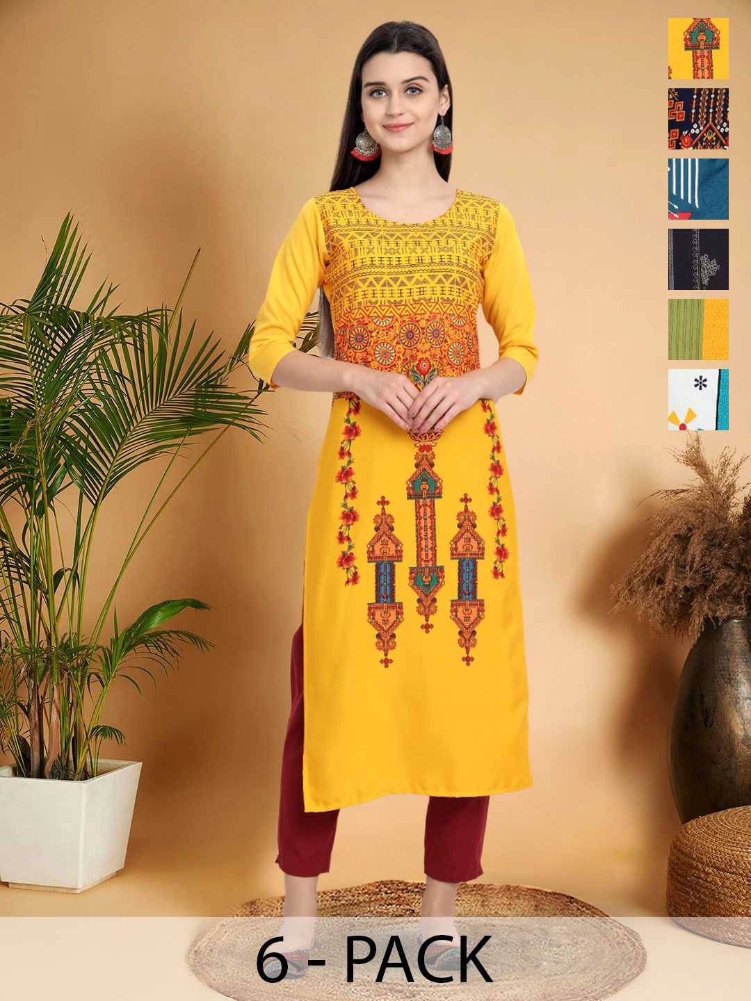 

7Threads Selection Of 6 Ethnic Motifs Printed Round Neck Kurtas, Yellow