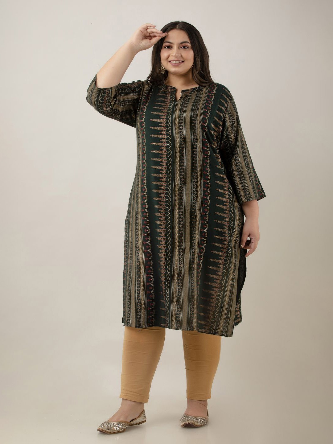 

Fashion Zest Women Plus Size Ethnic Motifs Printed Straight Kurtas, Green