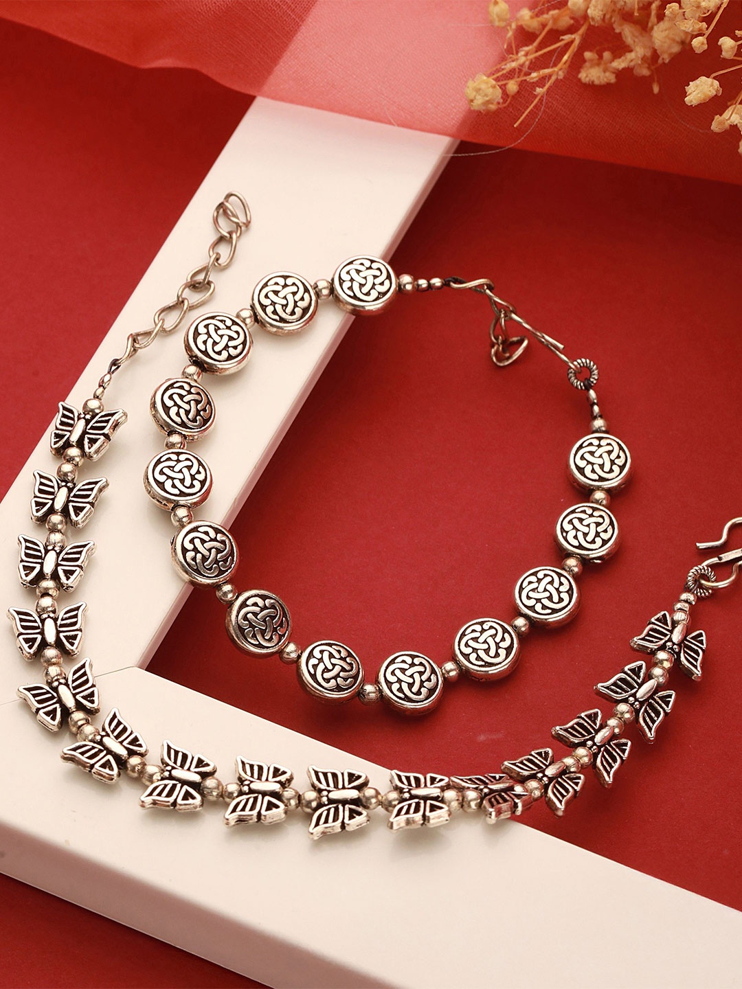 

Saraf RS Jewellery Pack Of 2 Rhodium-Plated Floral & Butterfly Motif Link Bracelets, Silver