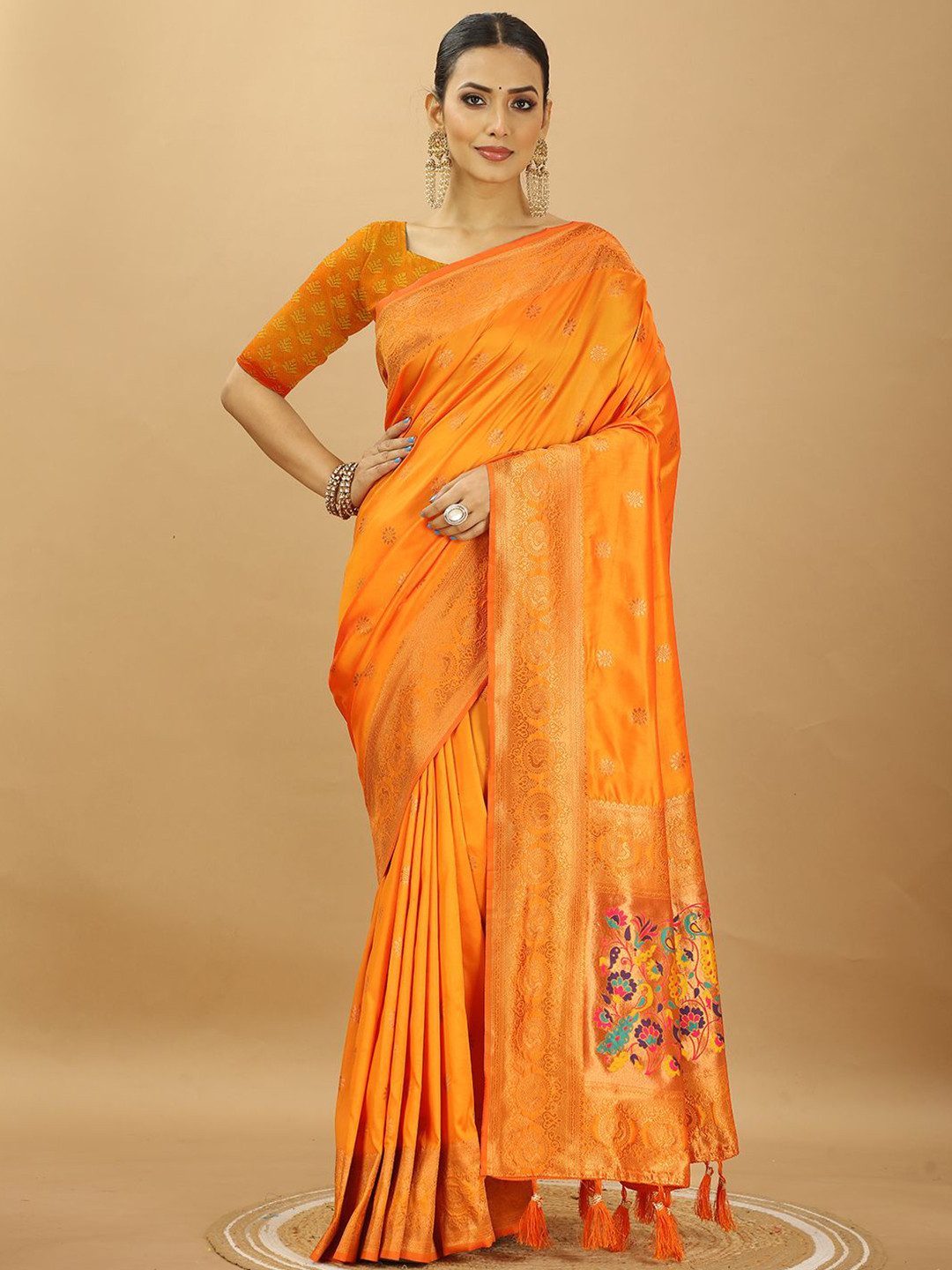 

SWAMI STUDIO Woven Design Zari Pure Silk Paithani Saree, Orange