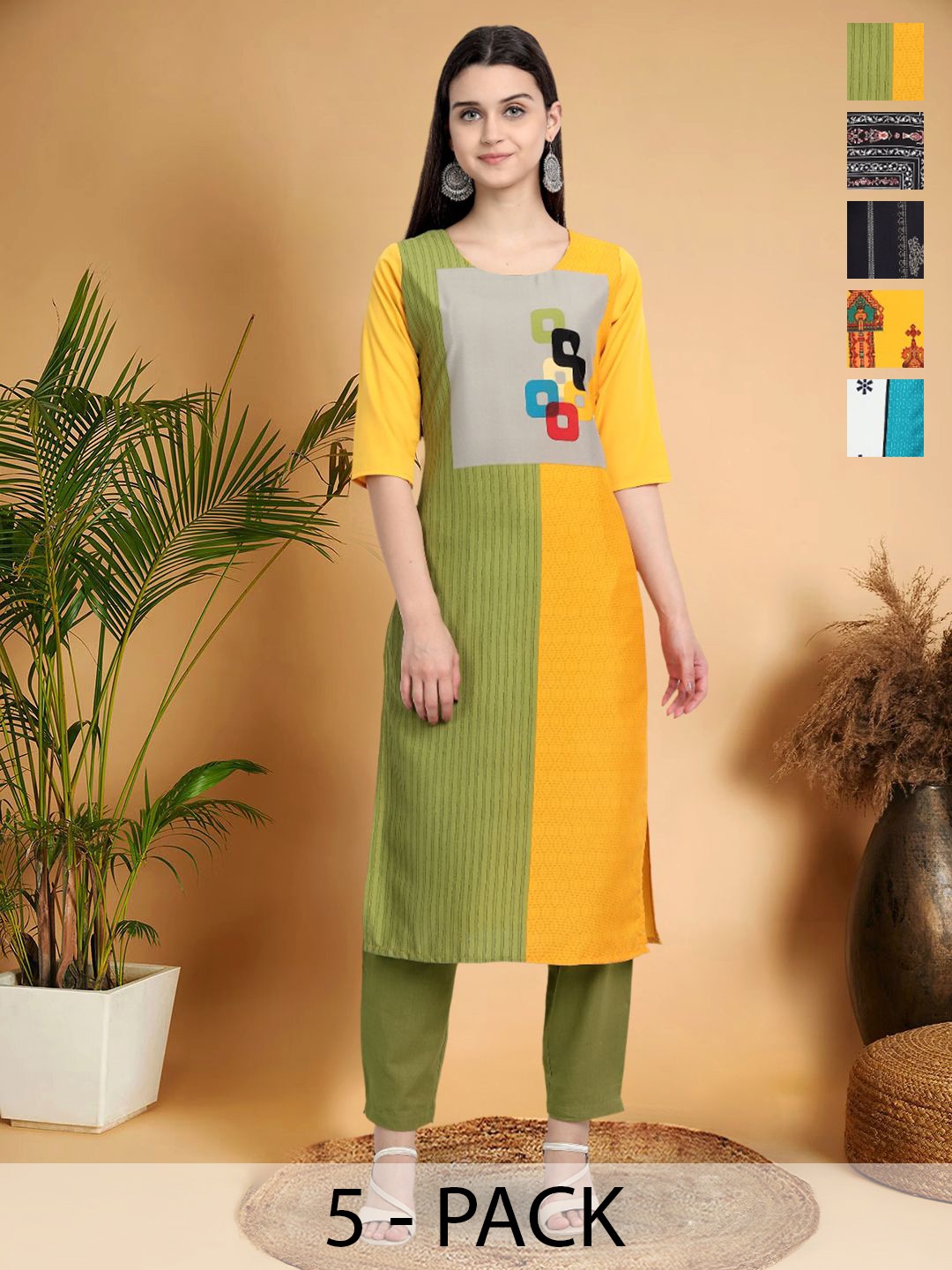 

7Threads Selection Of 5 Color Blocked Round Neck Straight Kurtas, Yellow