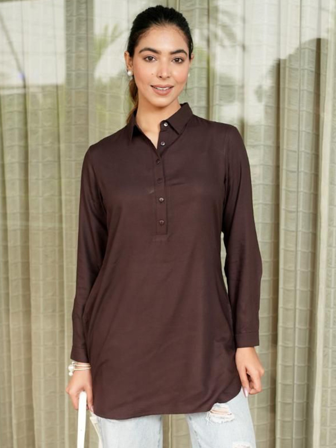 

Mlada Women Longline Standard Fit Casual Shirt, Brown