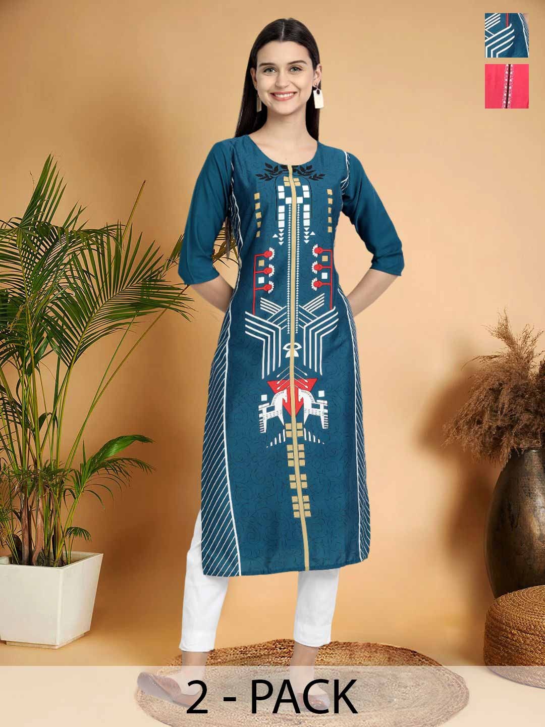 

7Threads Selection Of 2 Geometric Printed Round Neck Kurtas, Blue