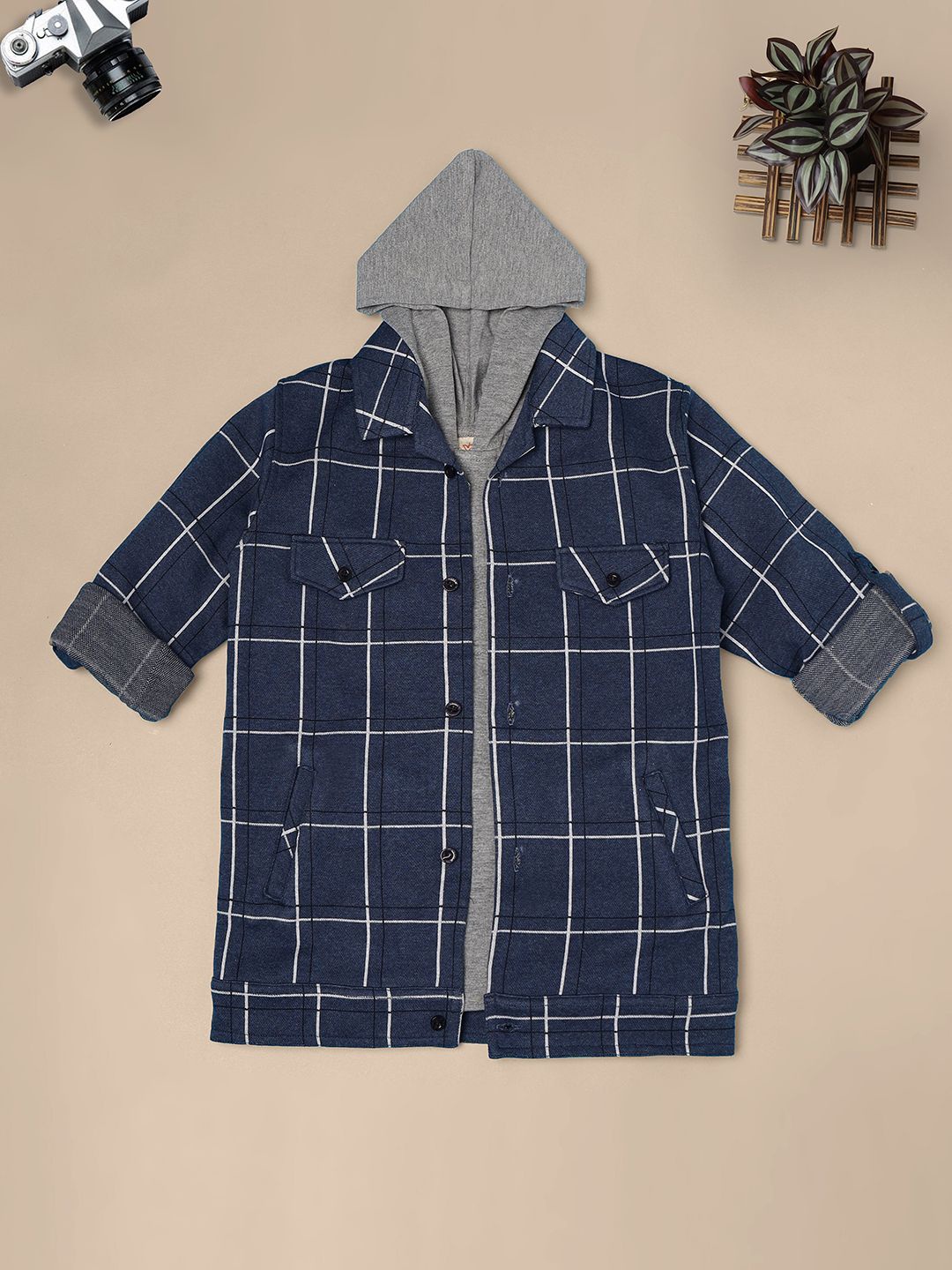 

Ridokidz Boys Pack Of 2 Hood Windowpane Checked Cotton Casual Shirts, Navy blue