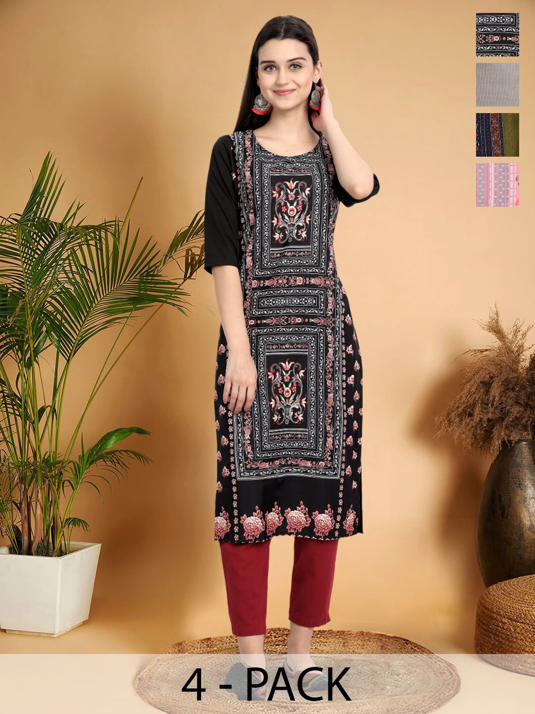 

7Threads Selection Of 4 Ethnic Motifs Printed Straight Kurtas, Black