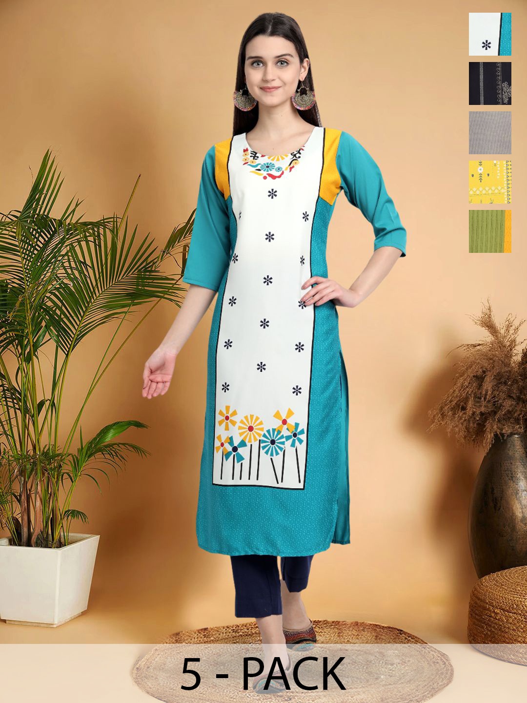 

7Threads Selection Of 5 Floral Printed Round Neck Straight Kurtas, Blue