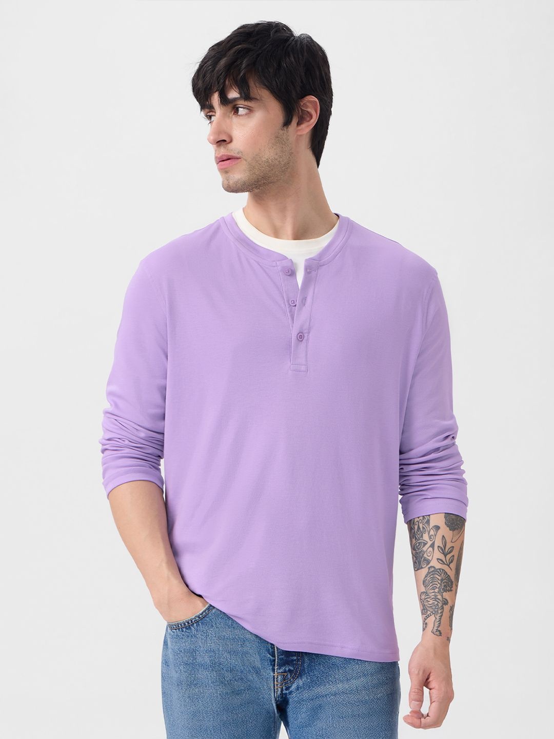 

The Souled Store Men Solid Henley Neck Cotton Oversized T-shirt, Lavender