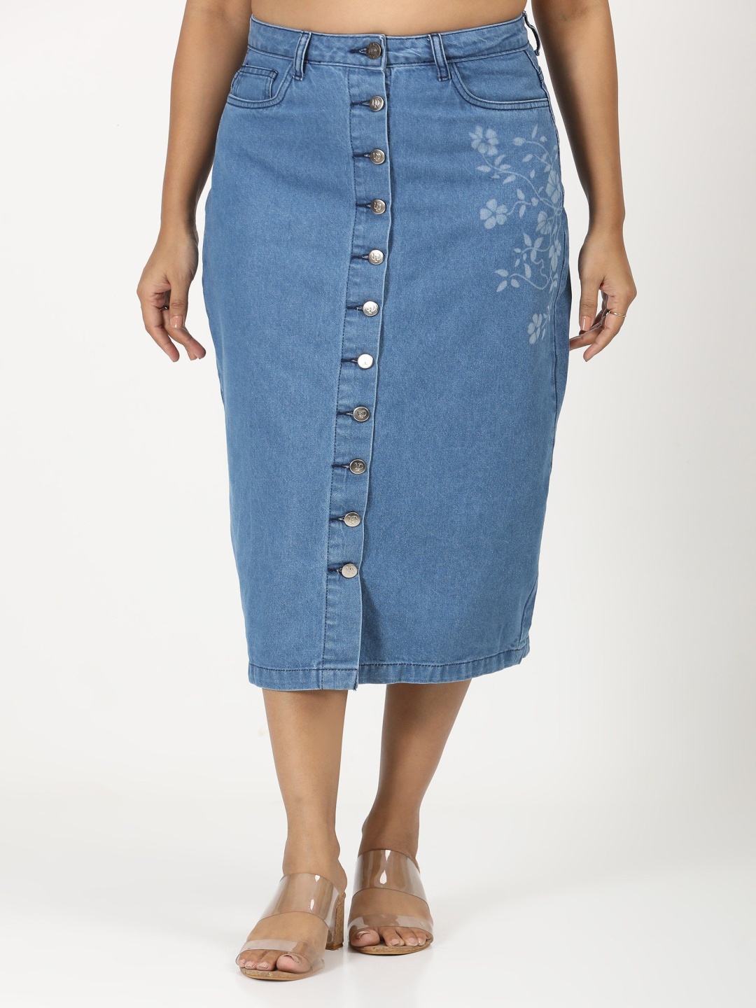 

URBAN POCHE Printed Cotton A-Line Midi Skirt, Blue