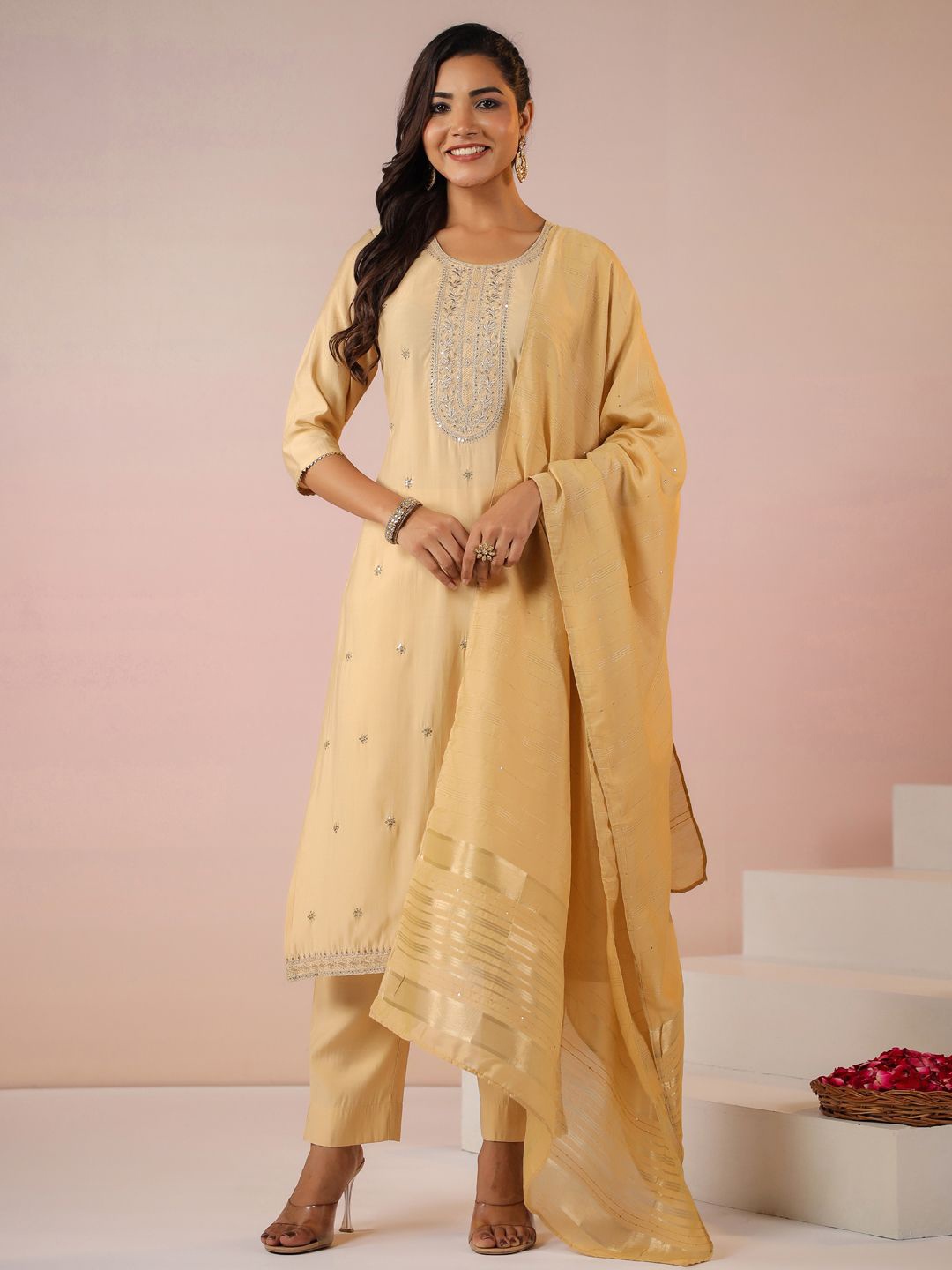 

Janasya Ethnic Motifs Embroidered Chanderi Silk Straight Kurta with Trousers & Dupatta, Beige