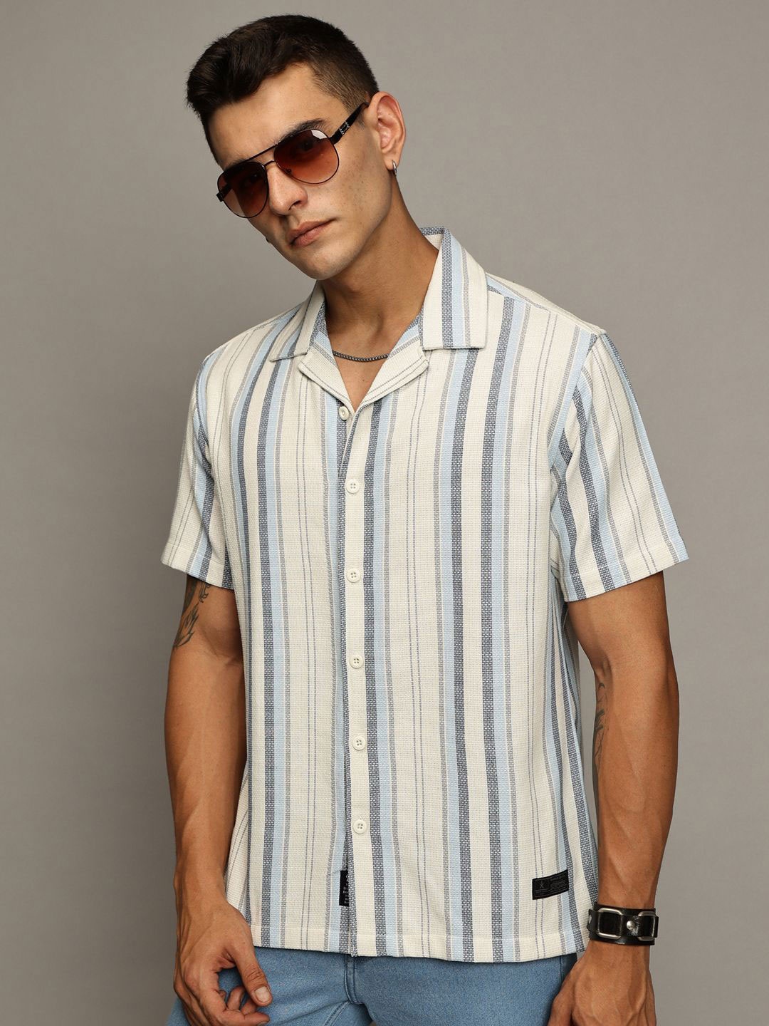 

The Roadster Lifestyle Co. Men Premium Relaxed Fit Vertical Striped Cotton Casual Shirt, Off white