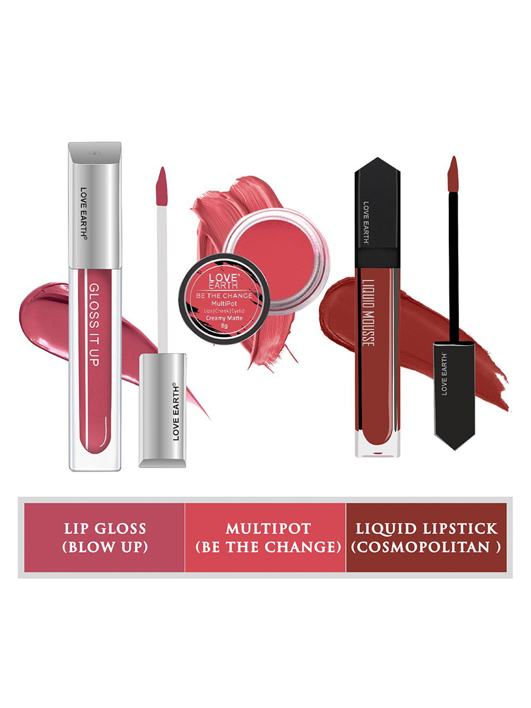 

LOVE EARTH 3Pcs Lipstick-Lip Gloss & Multipot-Cosmopolitan-Blow Up-Be The Change, Multi