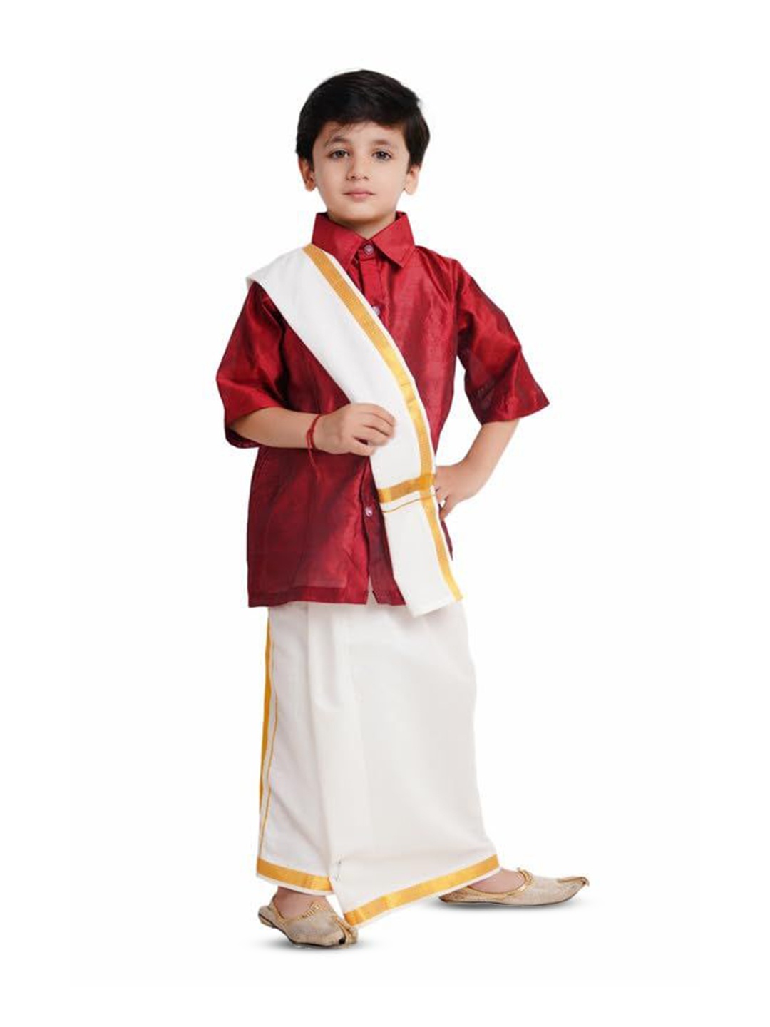 

Kaku Fancy dresses Boys Bengali Dress Shirt With Veshti With Stole, White