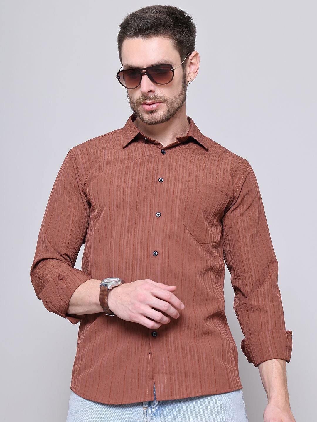 

Majestic Man Comfort Slim Fit Spread Collar Textured Casual Shirt, Orange