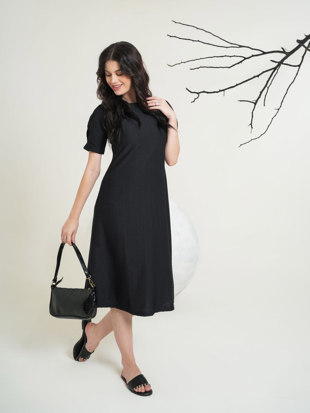 

PURVAJA Women Round Neck A-Line Midi Dress, Black