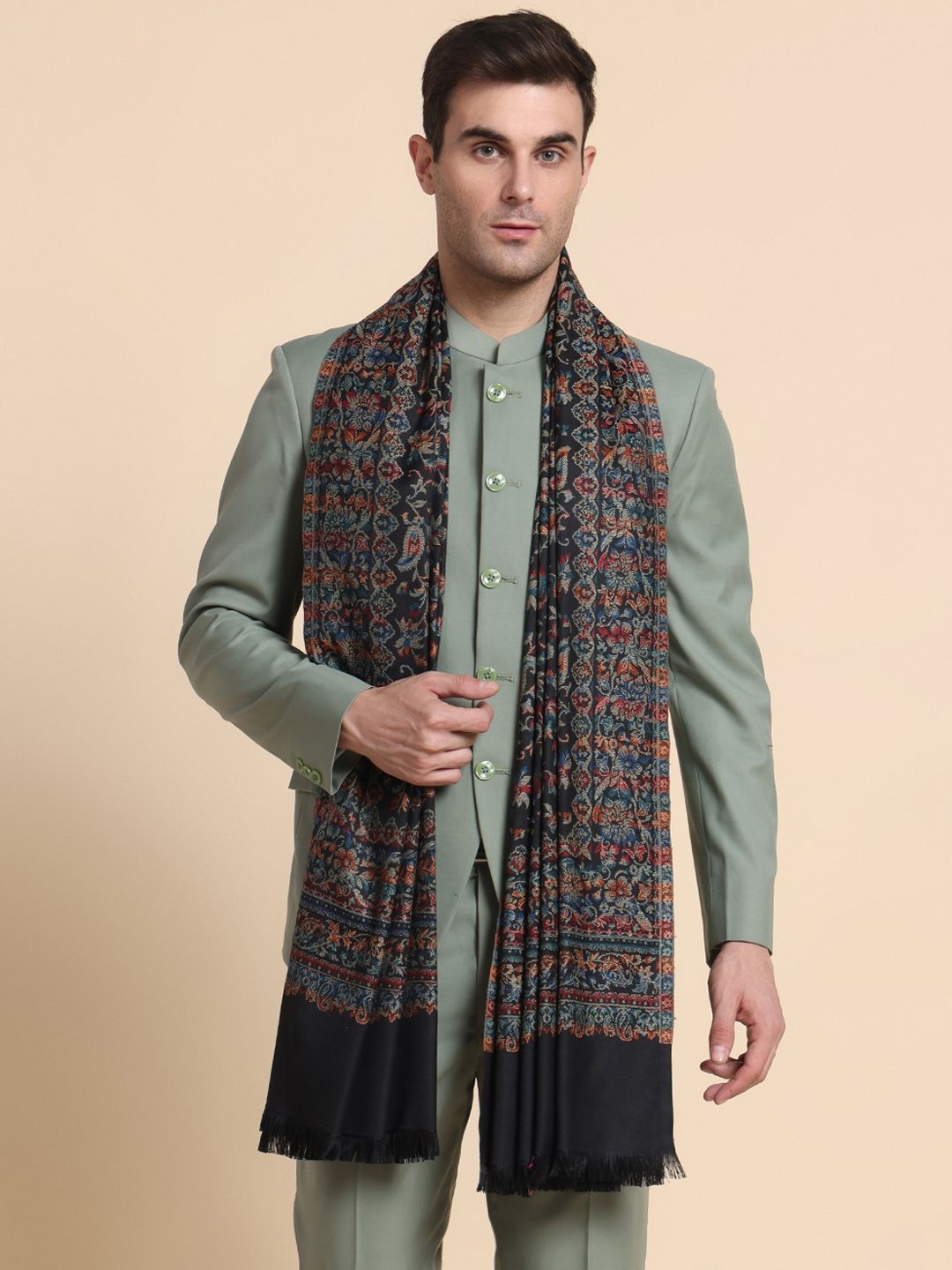 

WEAVERS VILLA Men Floral Woven Design Shawl, Black