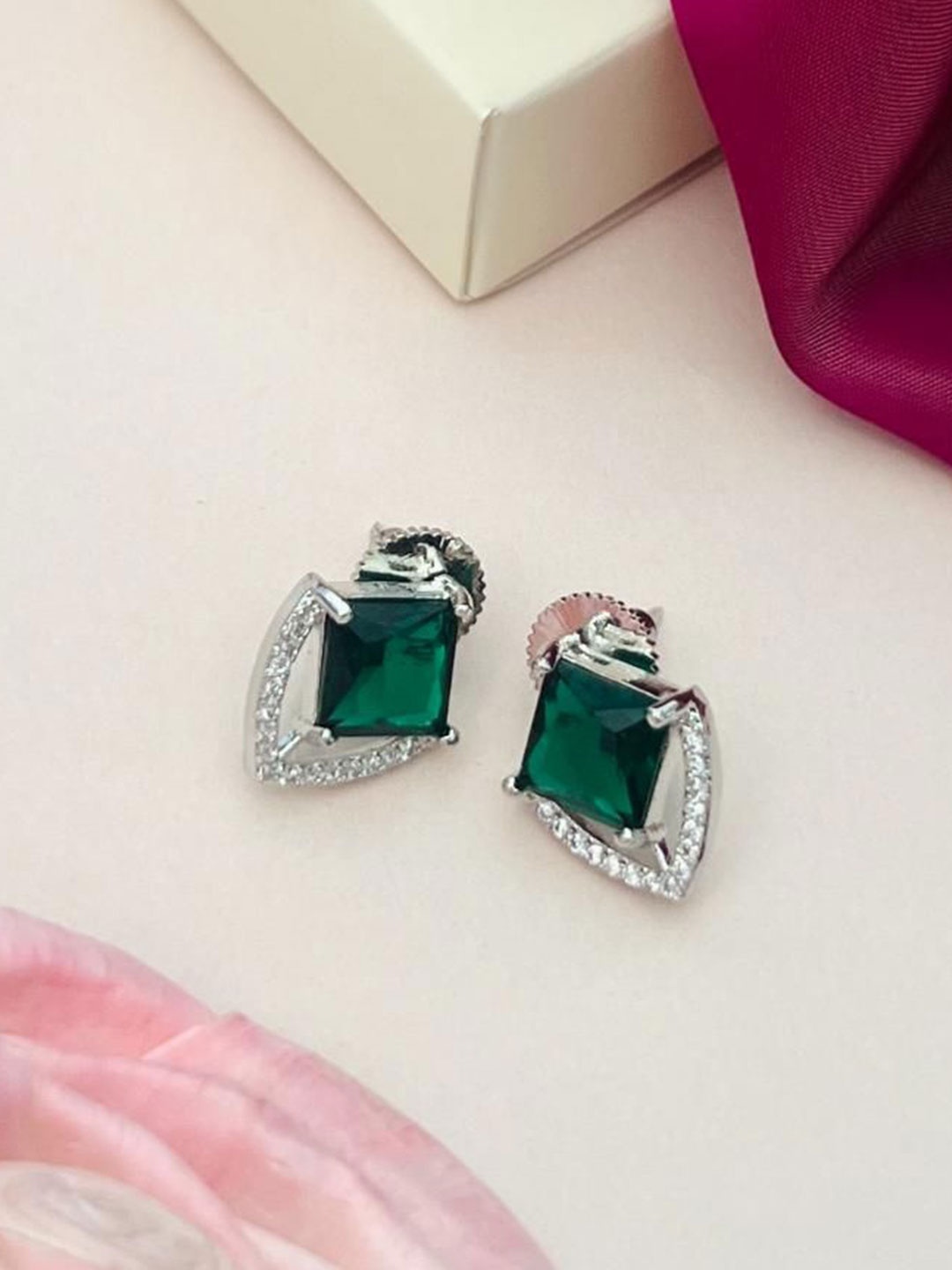 

ABDESIGNS Silver-Plated Geometric American Diamond Studded Studs