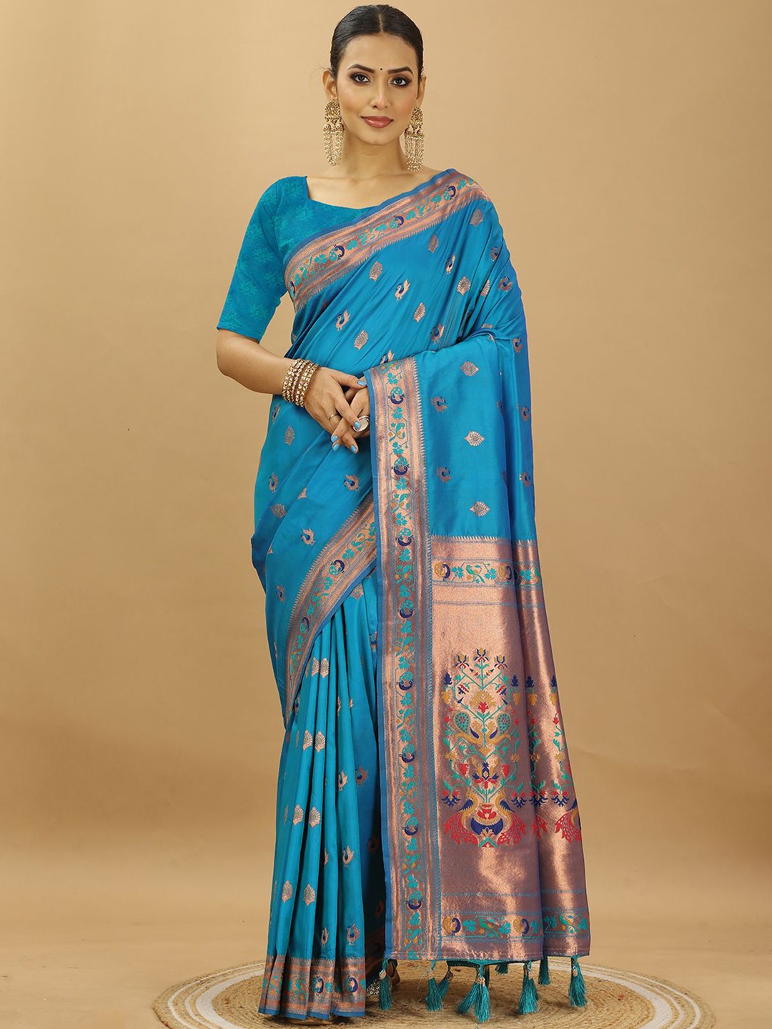 

SWAMI STUDIO Woven Design Zari Pure Silk Paithani Saree, Blue