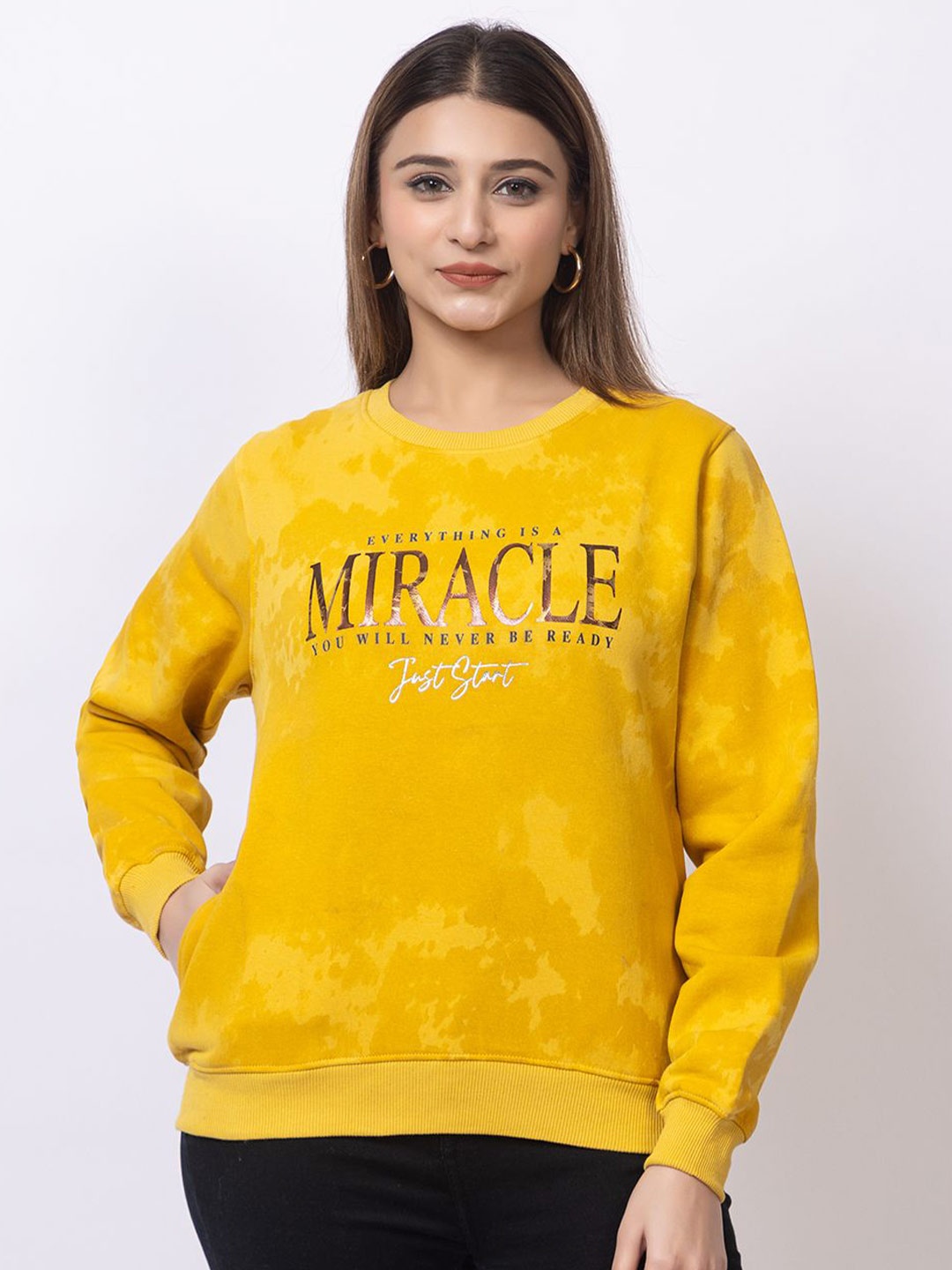 

Cheribell Women Printed Round Neck Sweatshirt, Yellow