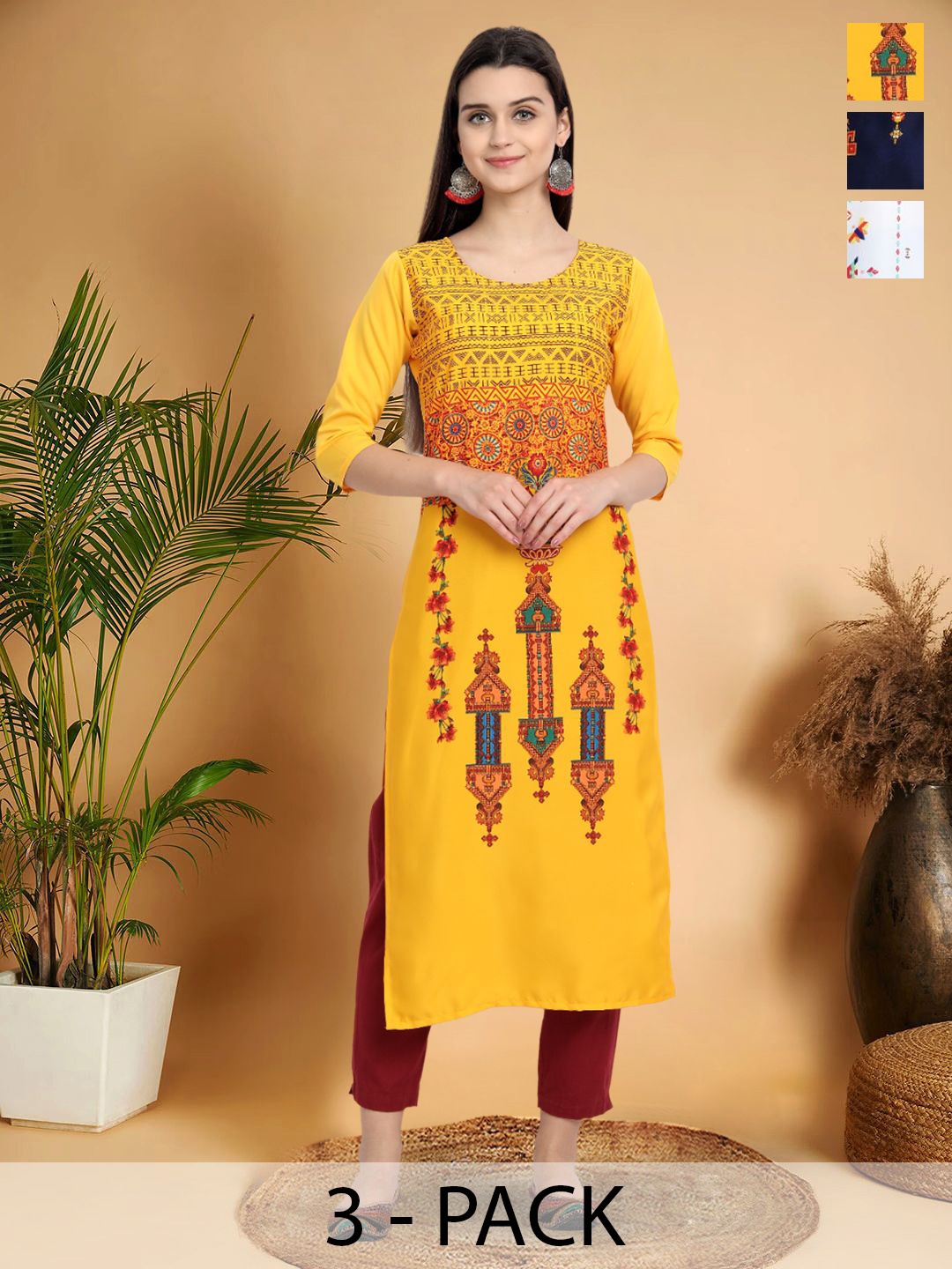 

7Threads Selection Of 3 Ethnic Motifs Printed Round Neck Kurtas, Yellow