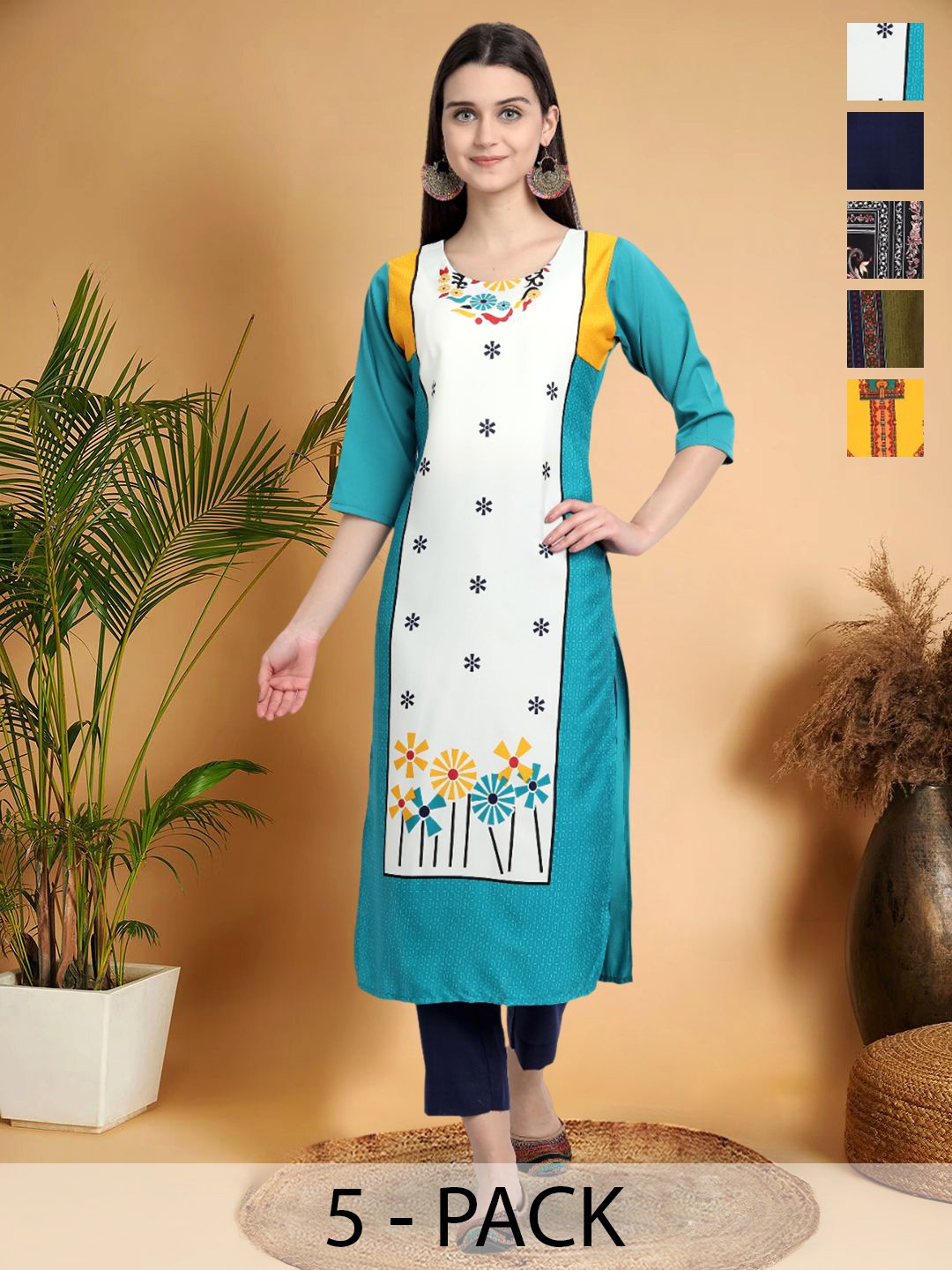 

7Threads Selection Of 5 Floral Printed Straight Kurtas, Blue
