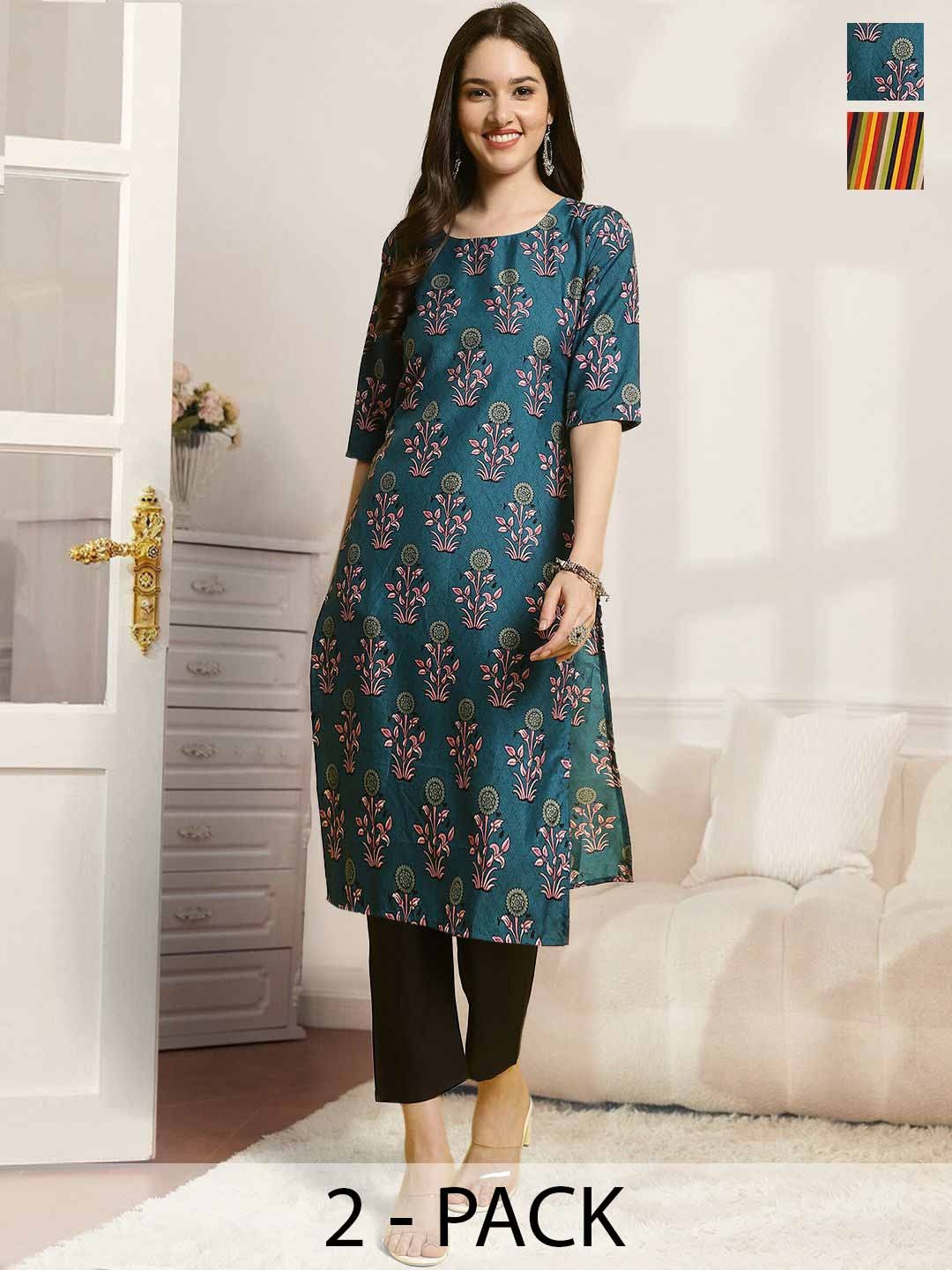 

7Threads Selection Of 2 Ethnic Motifs Printed Round Neck Straight Kurtas With Trousers, Teal