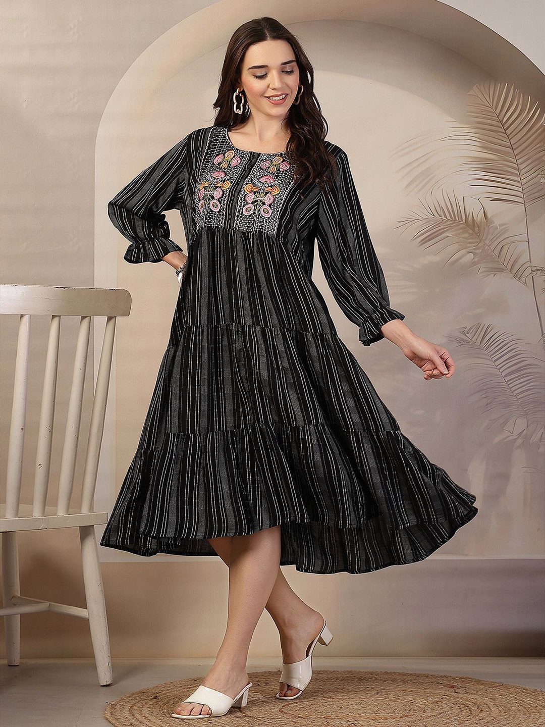 

House Of Zelena Embroidered Striped Puff Sleeve Maternity A-Line Dress, Black