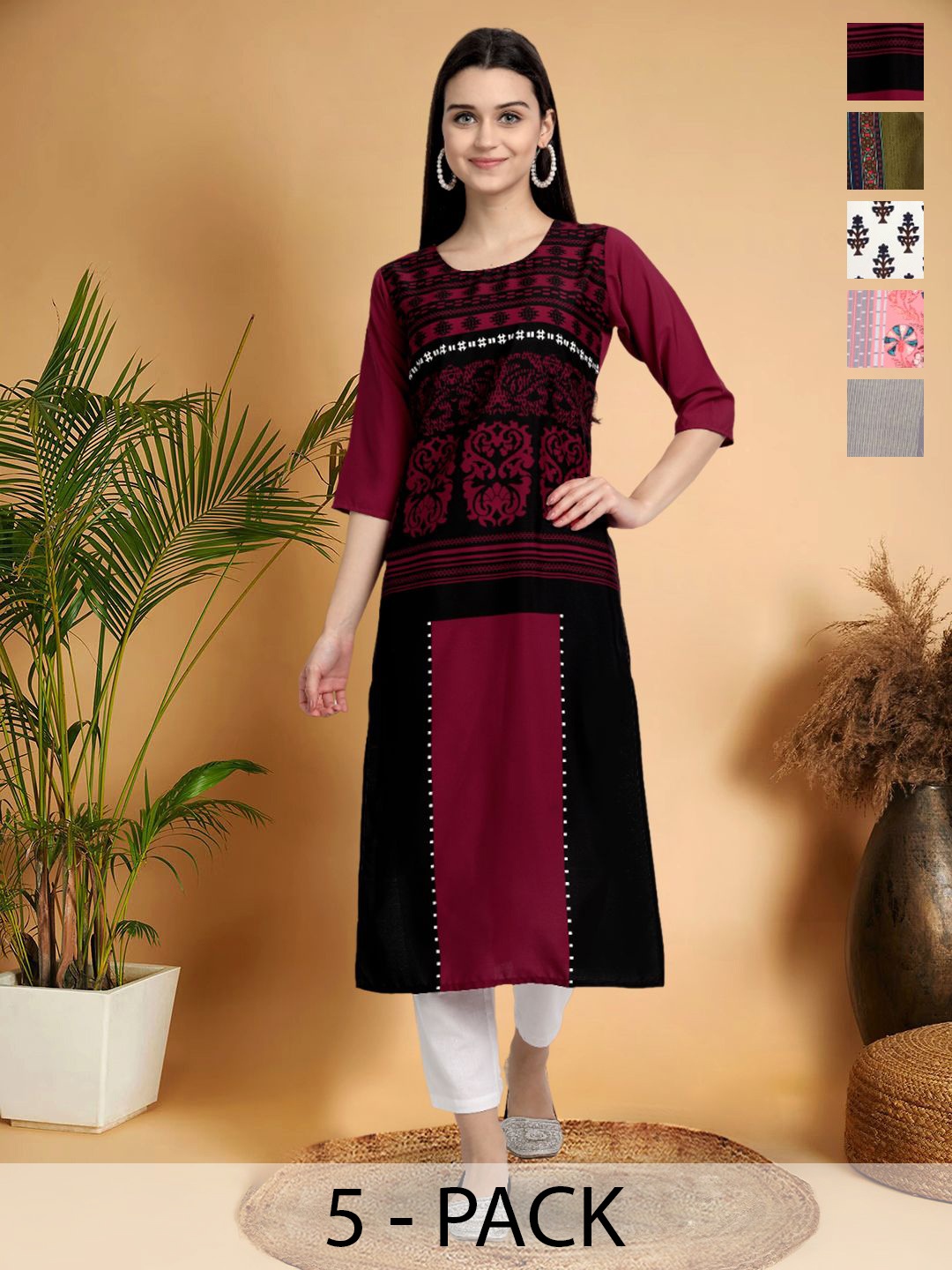 

7Threads Selection Of 5 Ethnic Motifs Printed Round Neck Straight Kurta, Maroon