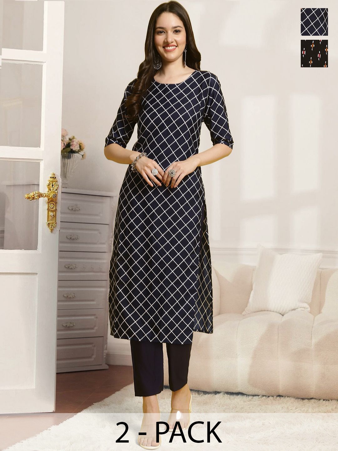 

7Threads Selection Of 2 Checked Printed Round Neck Straight Kurta With Trousers, Black