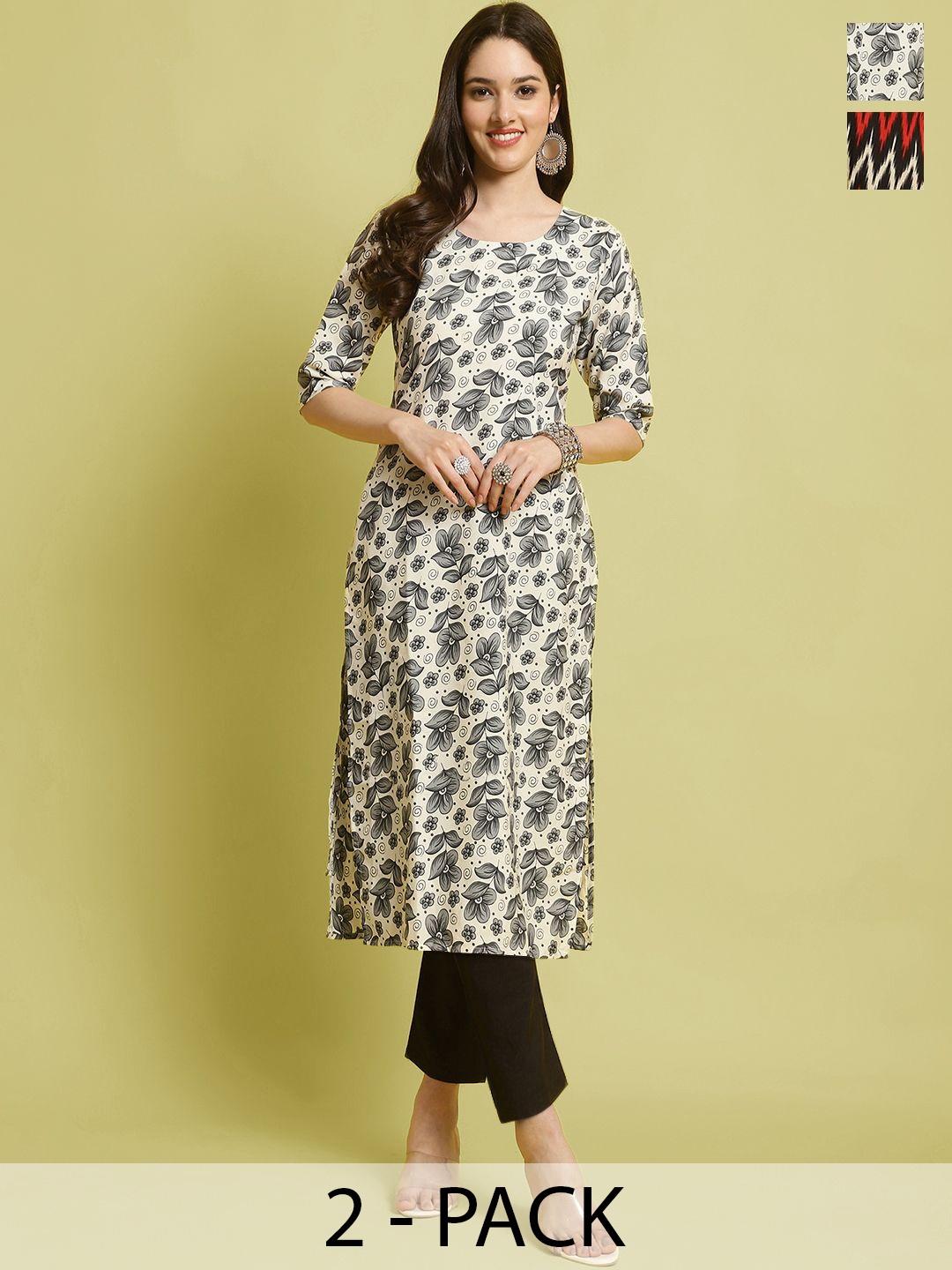 

7Threads Selection Of 2 Floral Printed Round Neck Straight Kurta With Trousers, White