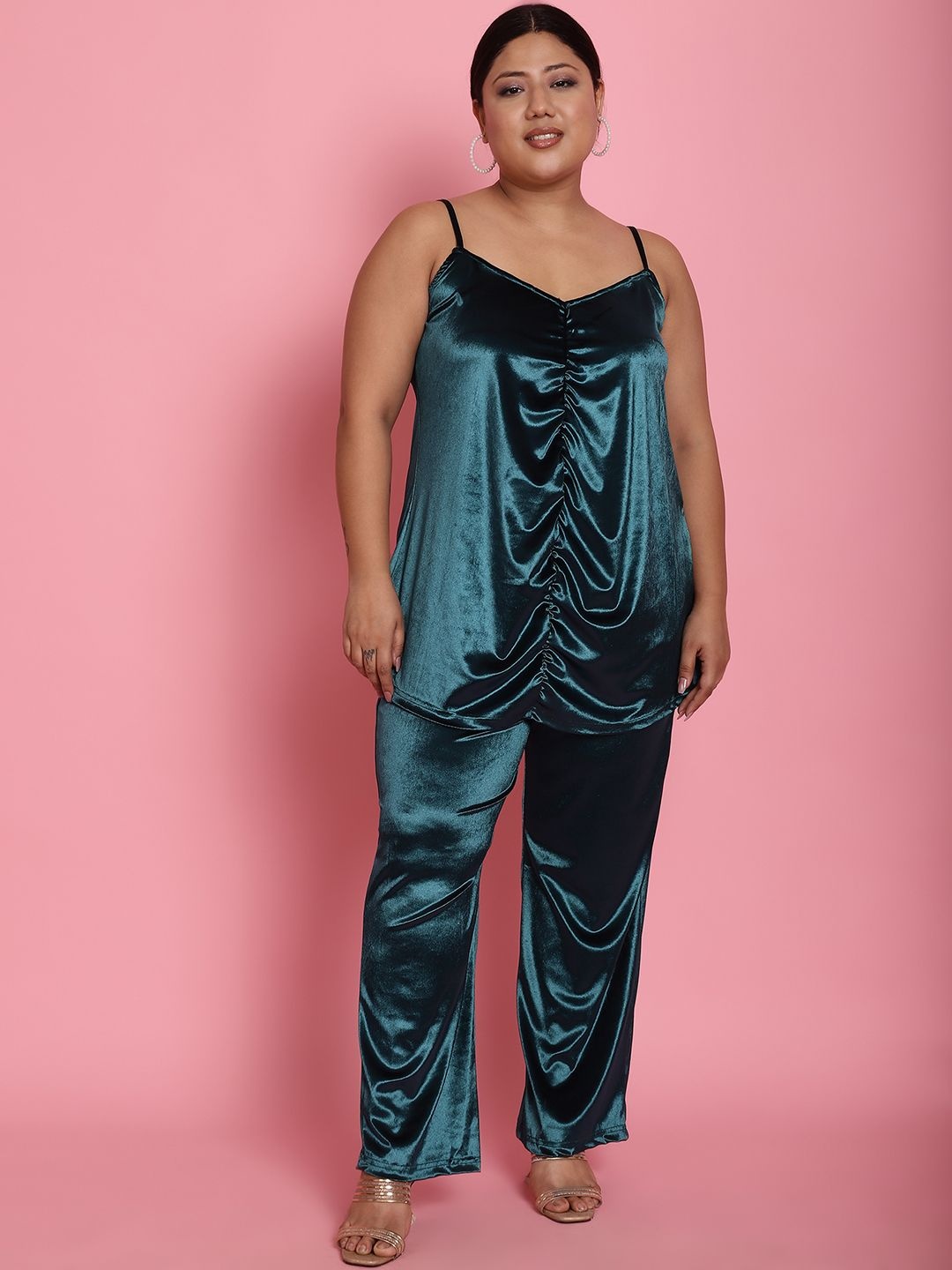 

theRebelinme Plus Size Shoulder Straps Top With Trouser, Green