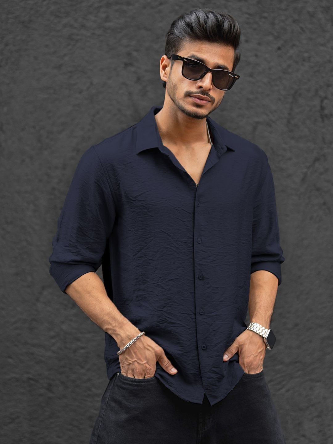 

Powerlook Men Spread Collar Textured Casual Shirt, Navy blue