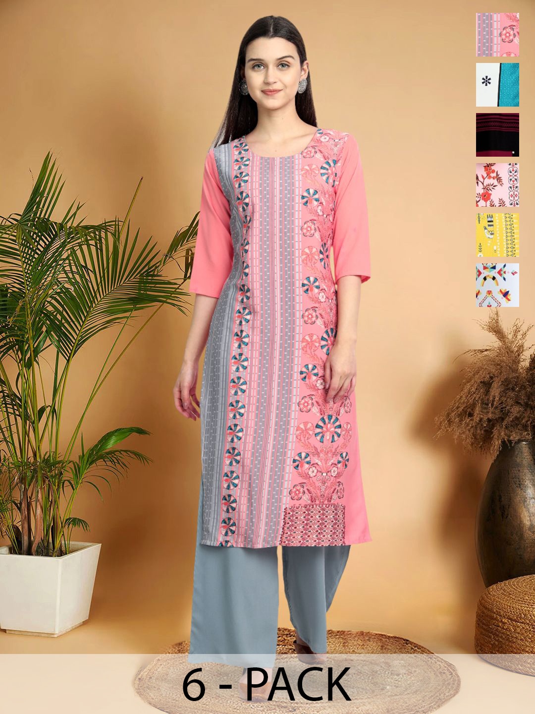 

7Threads Selection Of 6 Floral Printed Round Neck Kurtas, Grey