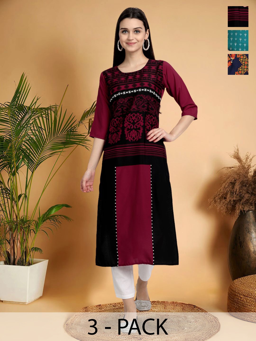 

7Threads Selection Of 3 Ethnic Motifs Printed Straight Kurtas, Maroon