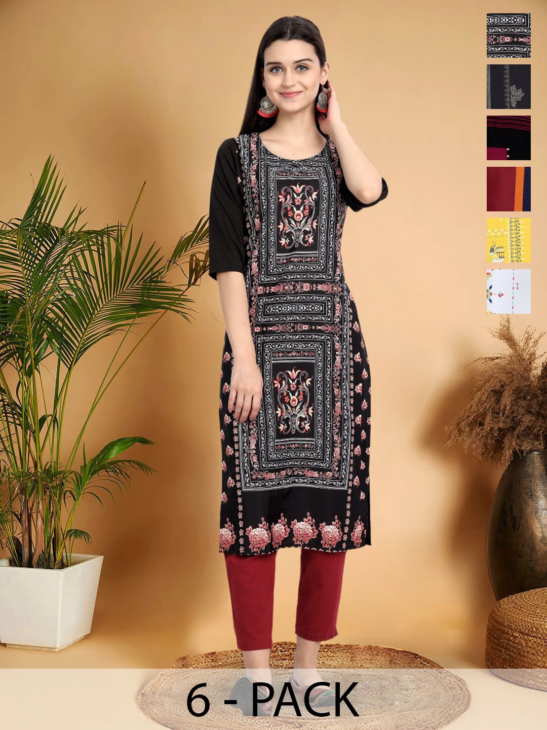 

7Threads Selection Of 6 Ethnic Motifs Printed Round Neck Kurtas, Black