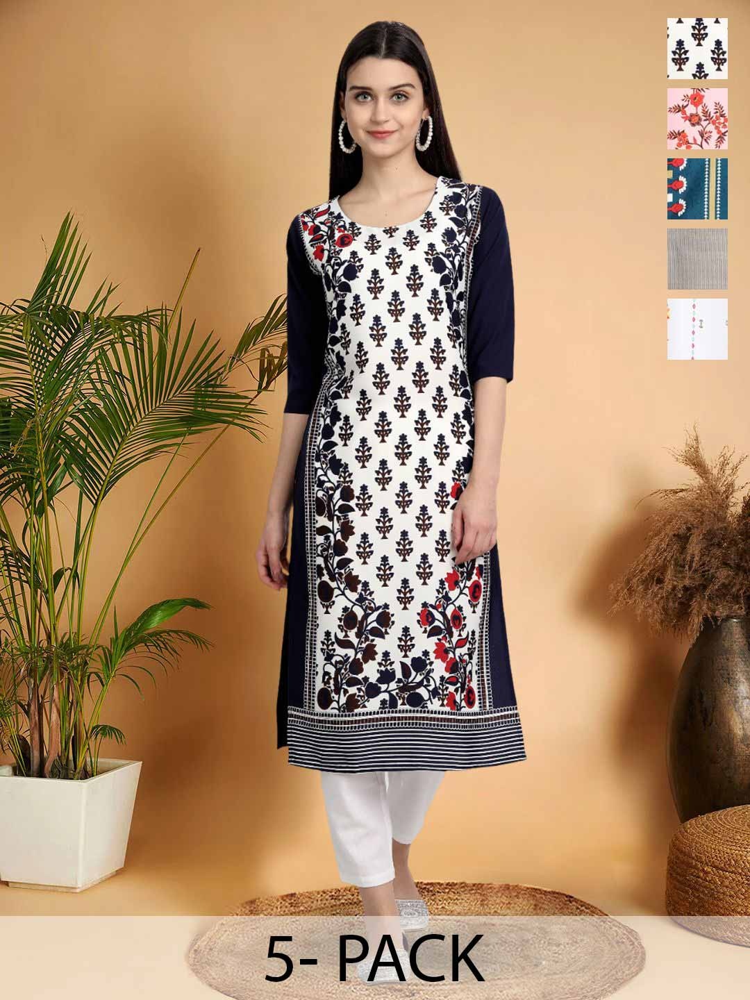 

7Threads Selection Of 5 Ethnic Motifs Printed Round Neck Straight Kurtas, Black