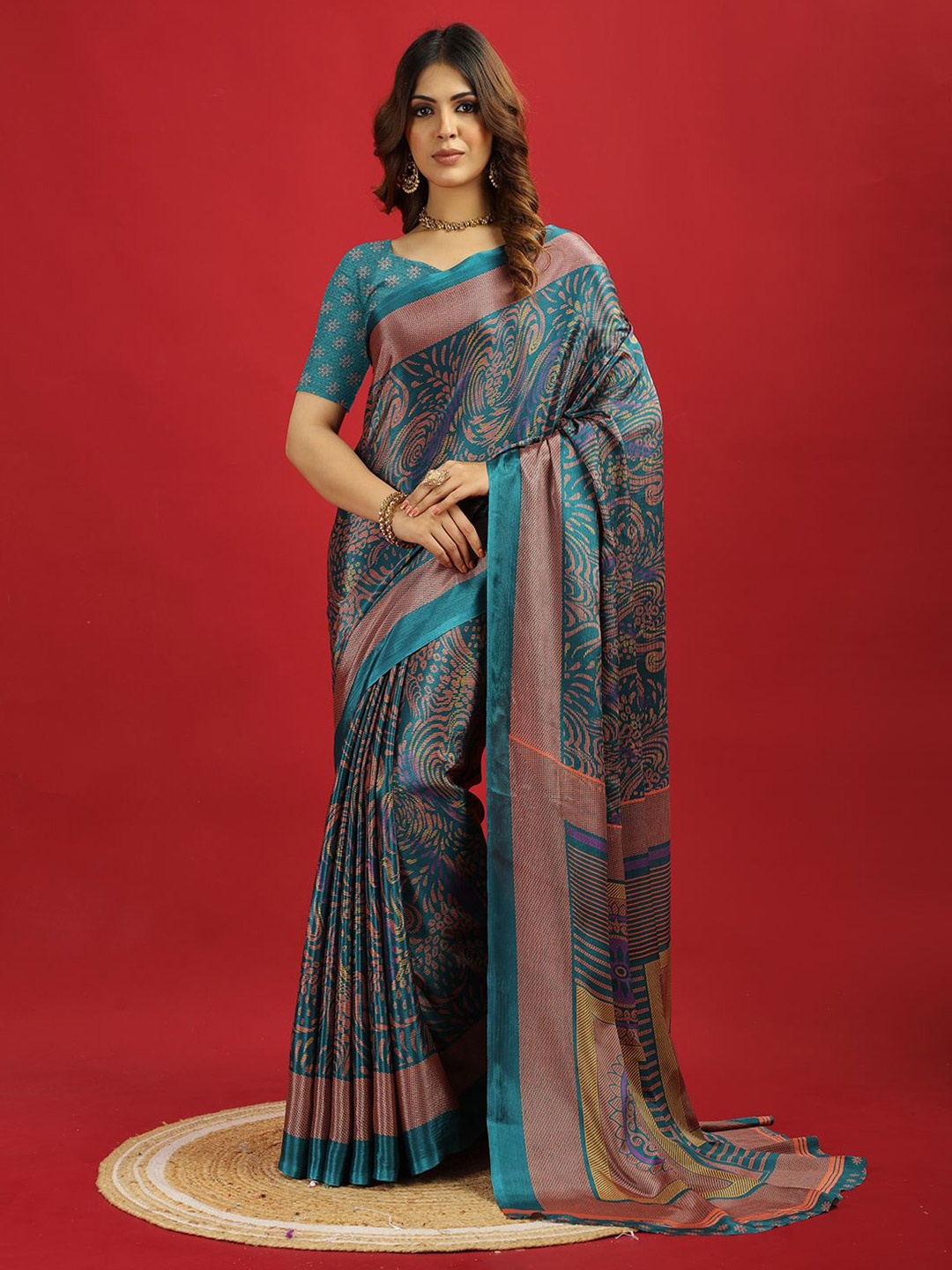 

A.V.M. SILK MILLS Floral Printed Pure Crepe Saree, Turquoise blue