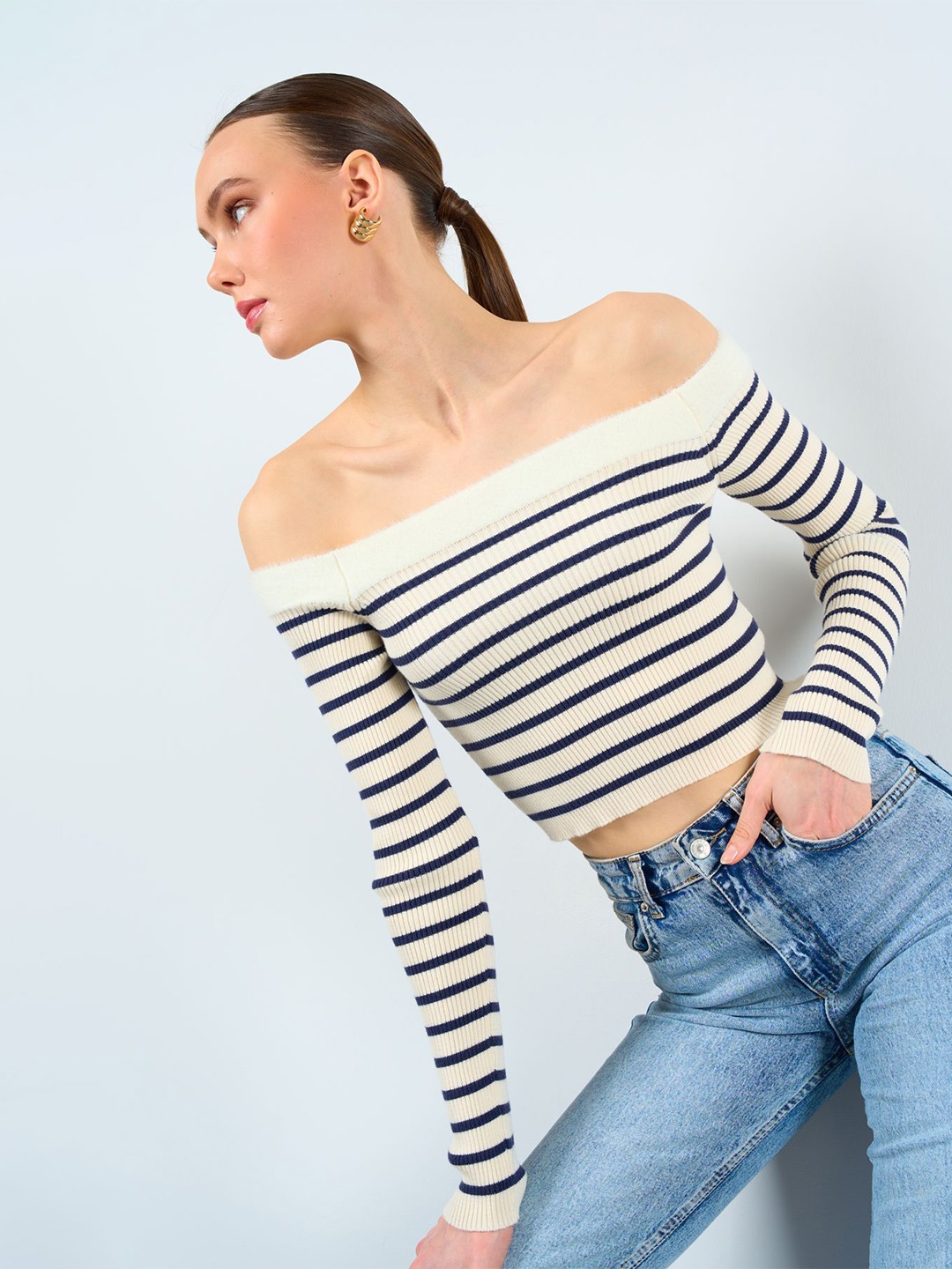 

Fashion Gaiia Women Striped Off-Shoulder Woollen Pullover, White