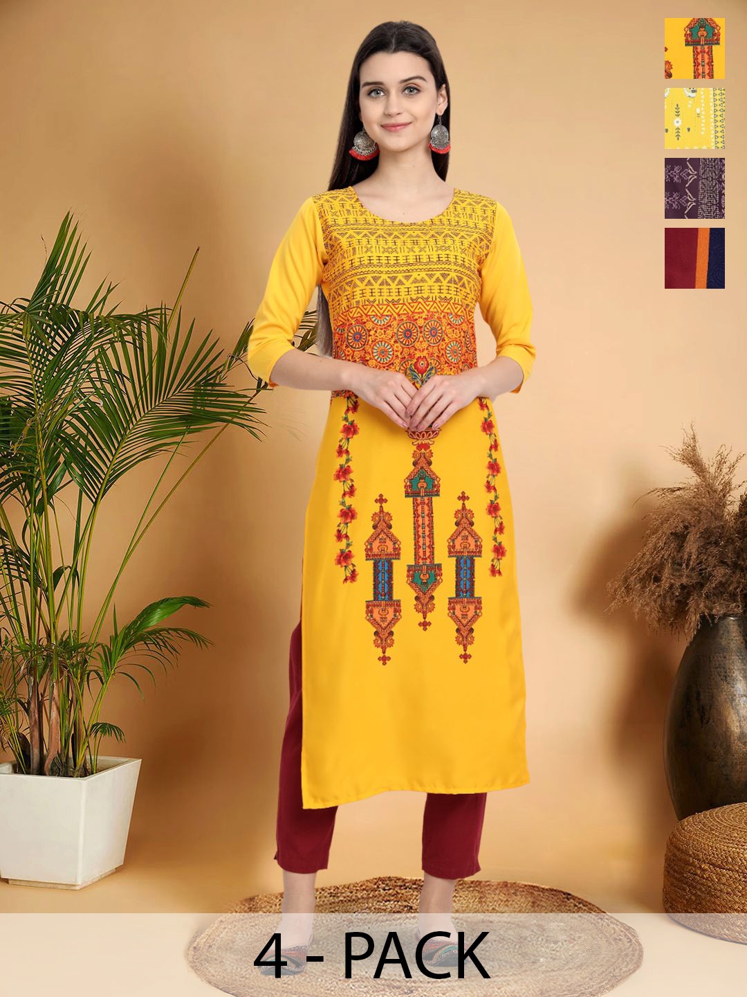 

7Threads Selection Of 4 Ethnic Motifs Printed Round Neck Straight Kurtas, Mustard