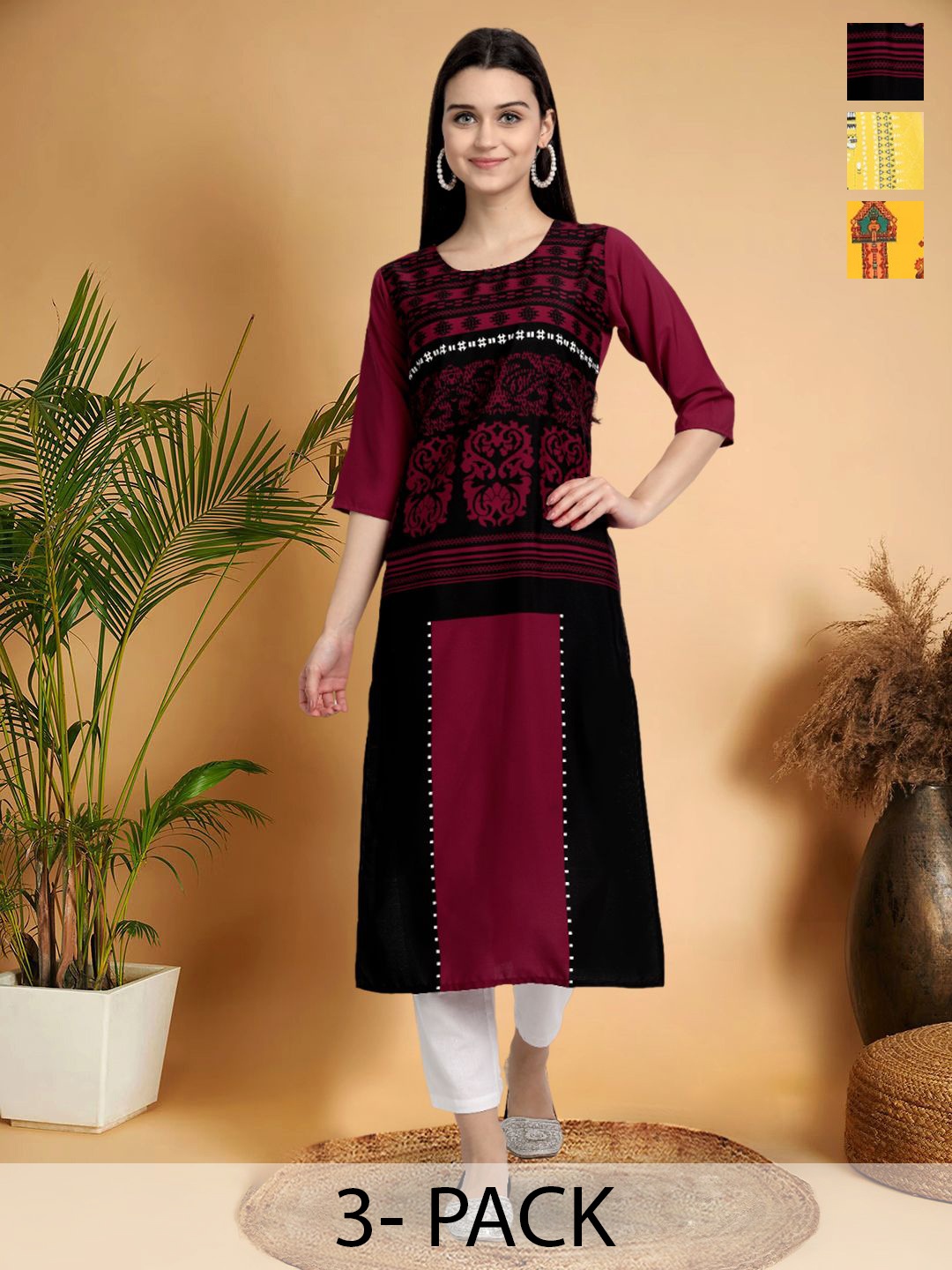 

7Threads Selection Of 3 Ethnic Motifs Printed Round Neck Straight Kurtas, Black