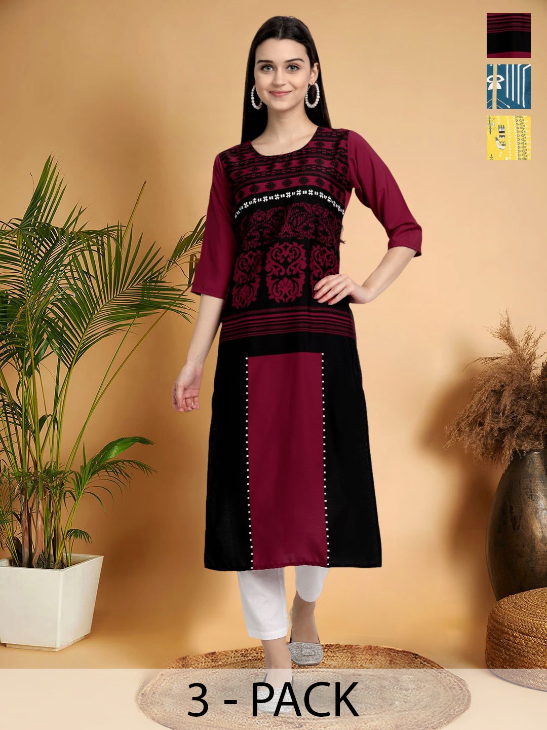 

7Threads Selection Of 3 Ethnic Motifs Printed Round Neck Straight Kurtas, Maroon