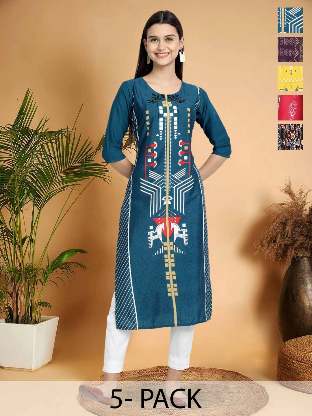 

7Threads Selection Of 5 Floral Printed Round Neck Straight Kurtas, Blue